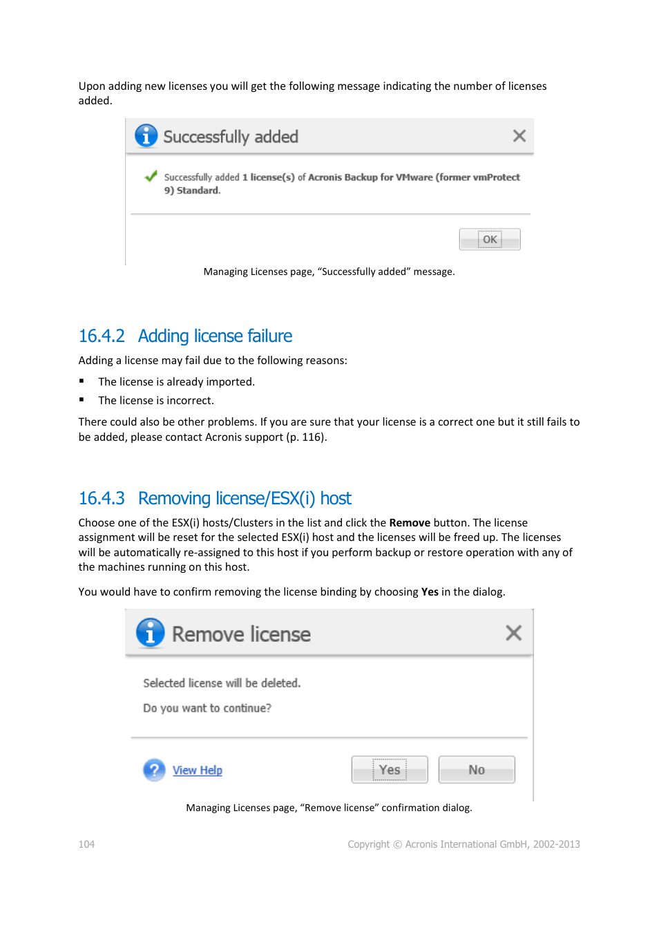 2 adding license failure, 3 removing license/esx(i) host | Acronis Backup for VMware 9 - User Guide User Manual | Page 104 / 127