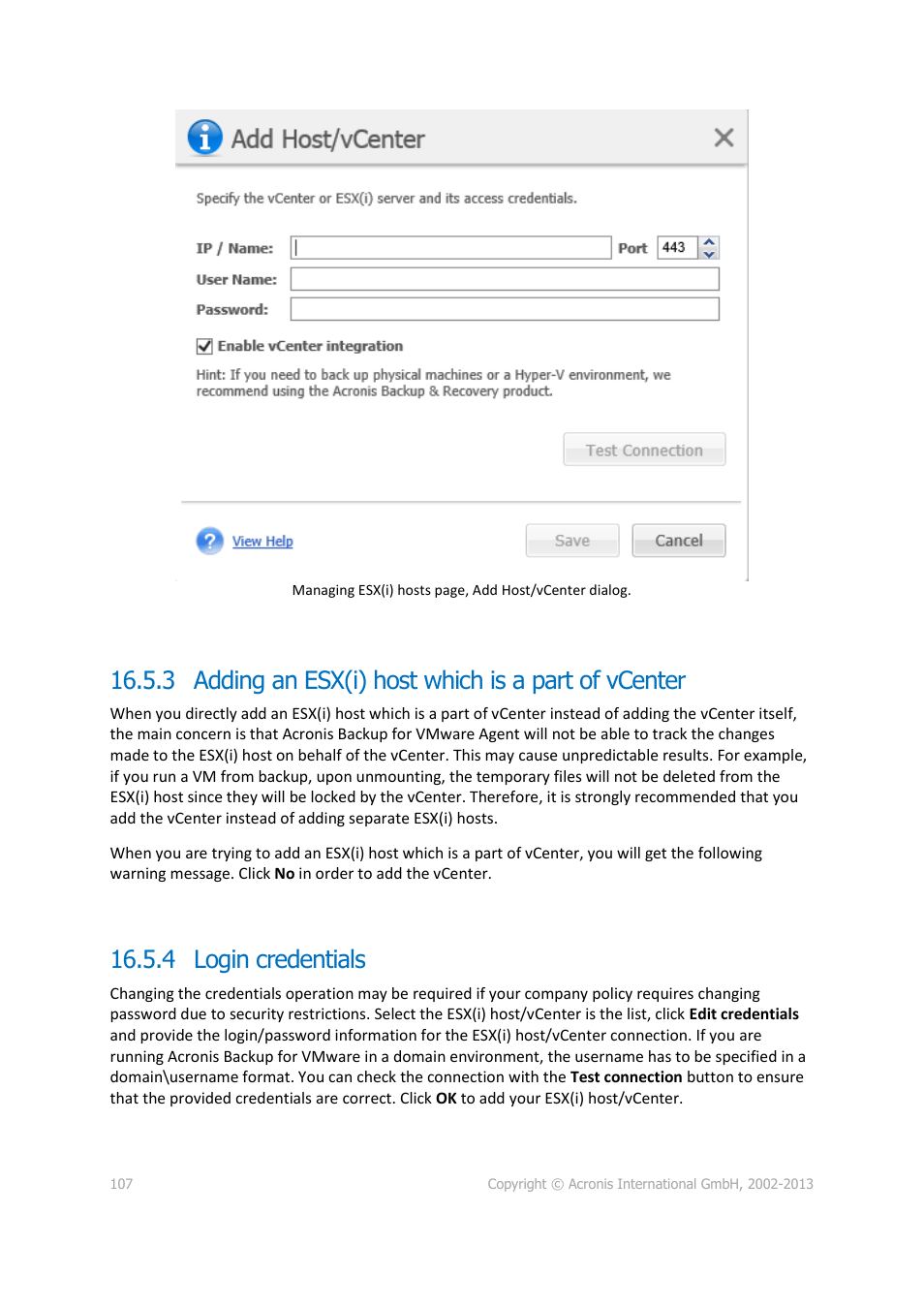 3 adding an esx(i) host which is a part of vcenter, 4 login credentials | Acronis Backup for VMware 9 - User Guide User Manual | Page 107 / 127