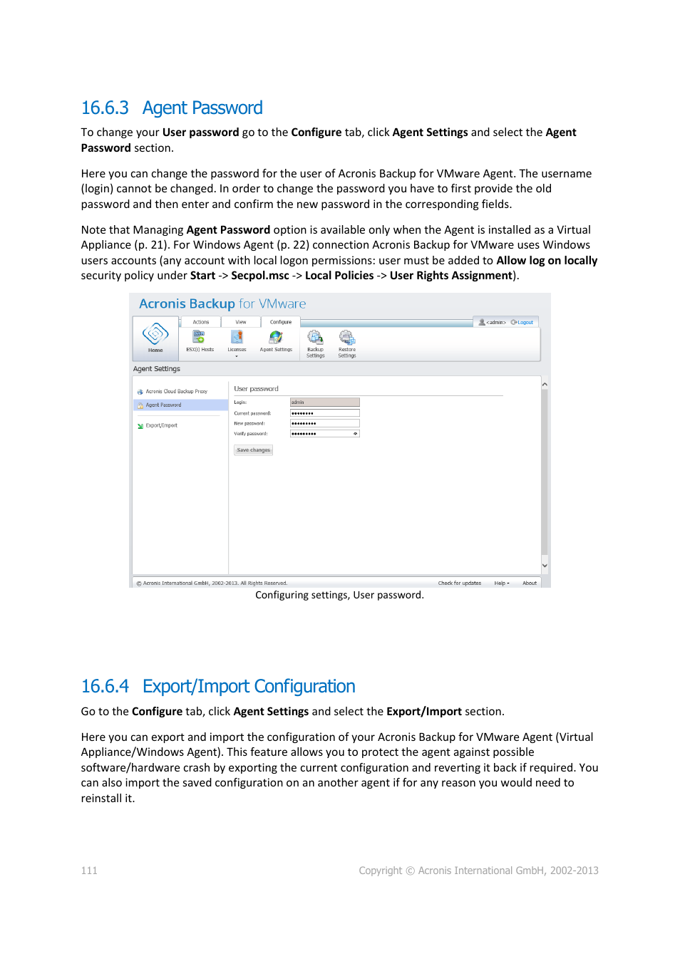 3 agent password, 4 export/import configuration | Acronis Backup for VMware 9 - User Guide User Manual | Page 111 / 127