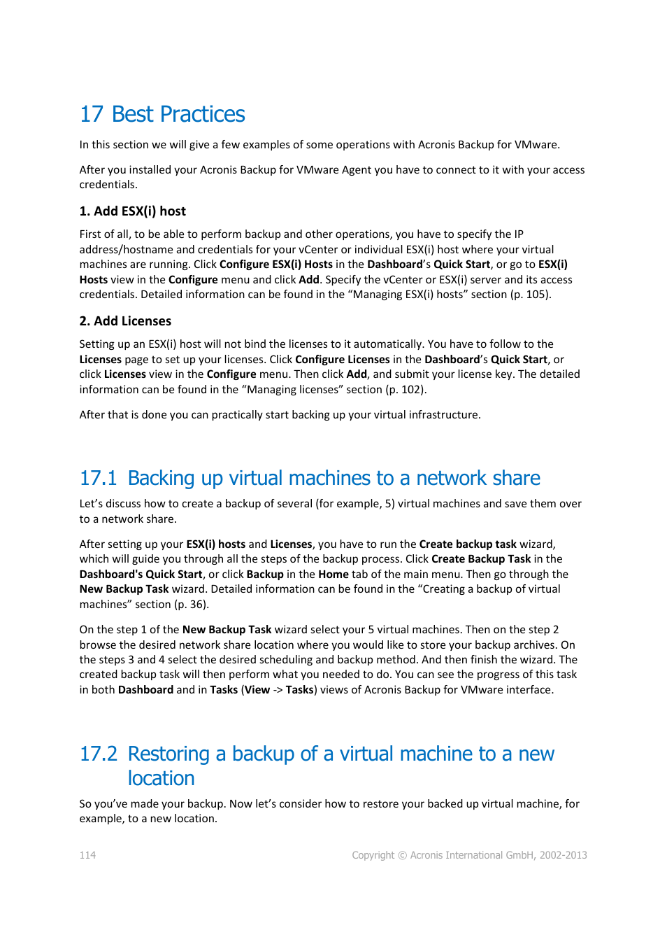 17 best practices, 1 backing up virtual machines to a network share, Best practices | Backing up virtual machines to a network share | Acronis Backup for VMware 9 - User Guide User Manual | Page 114 / 127