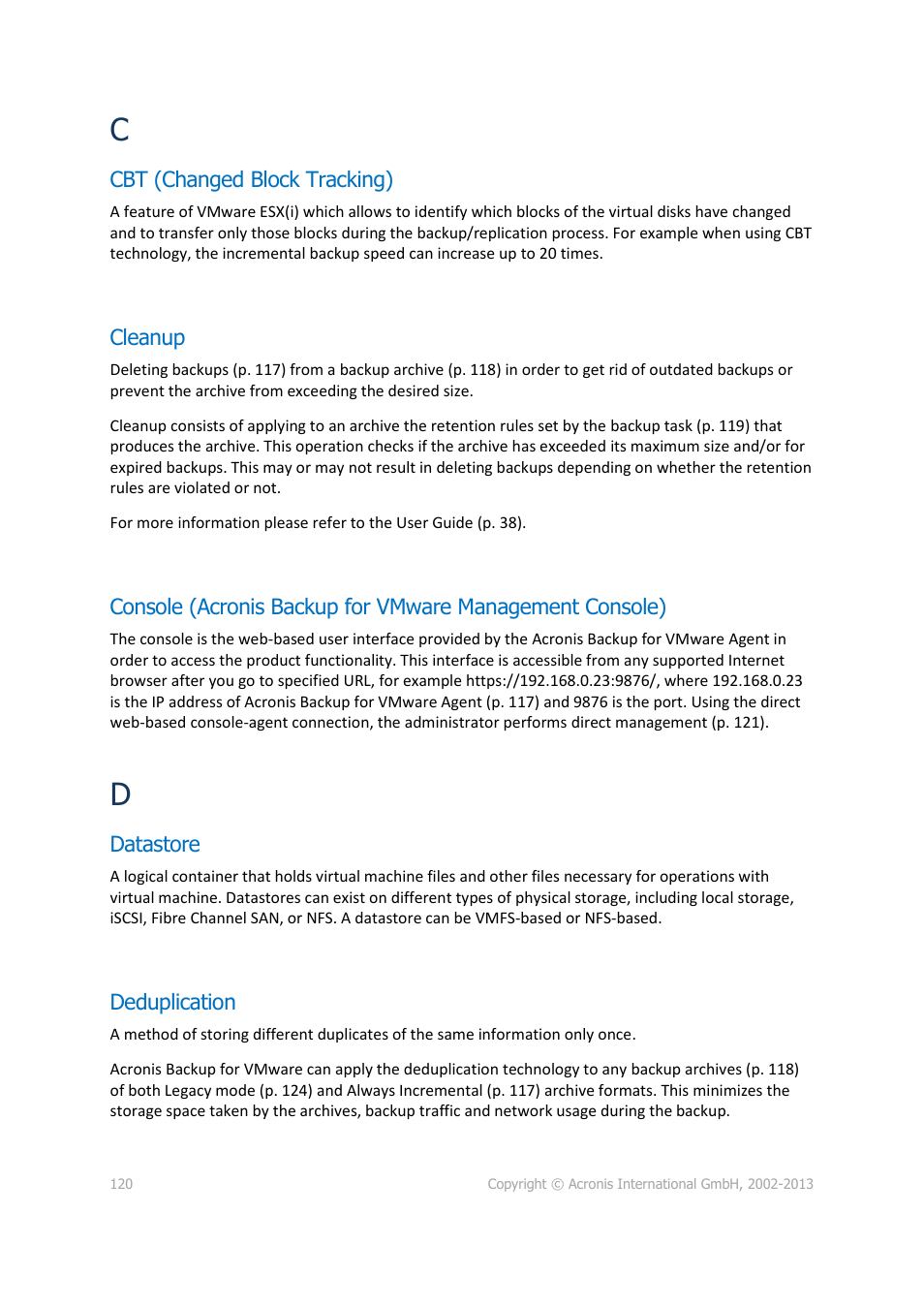 Cbt (changed block tracking), Cleanup, Datastore | Deduplication | Acronis Backup for VMware 9 - User Guide User Manual | Page 120 / 127