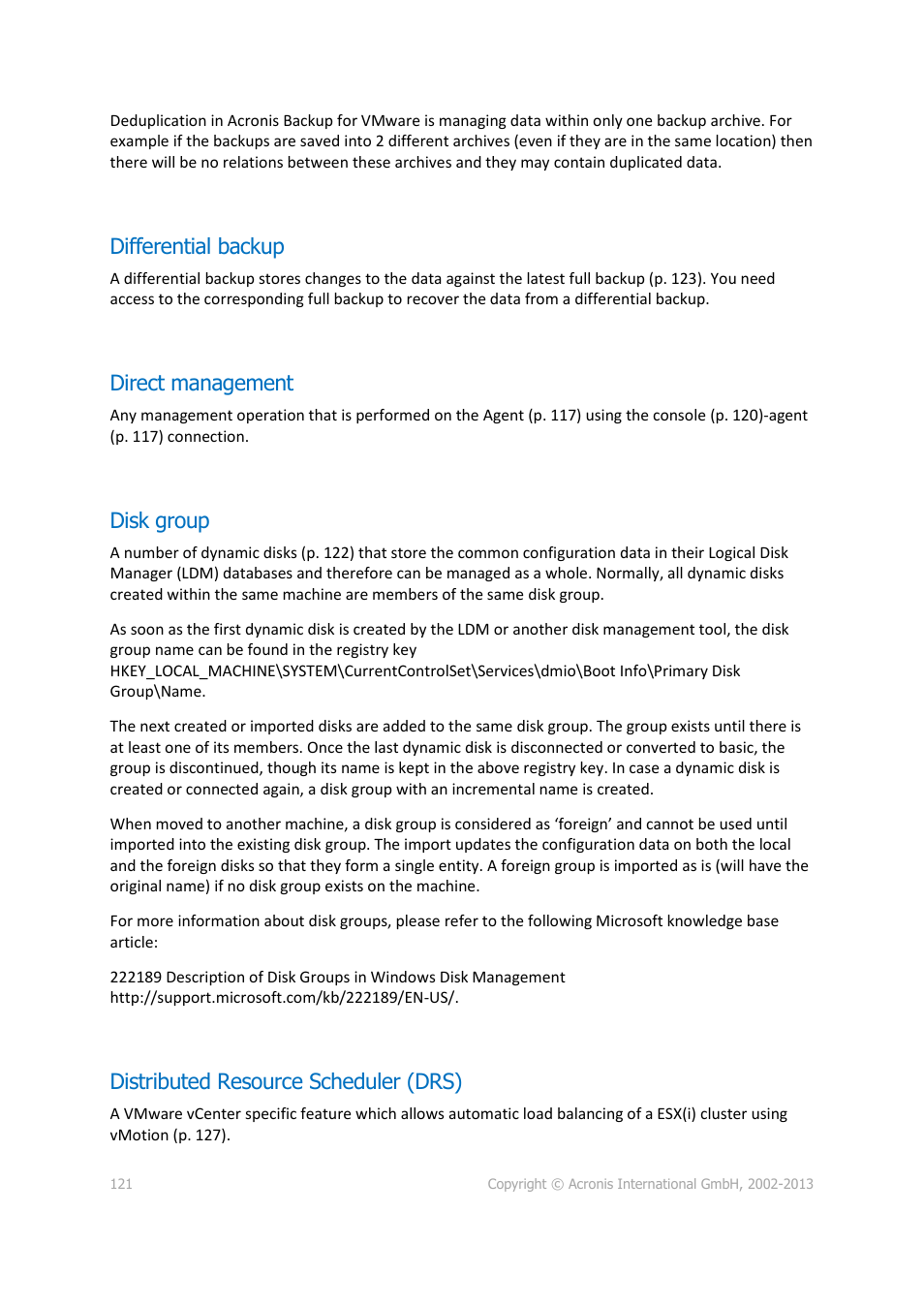 Differential backup, Direct management, Disk group | Distributed resource scheduler (drs), P. 121) | Acronis Backup for VMware 9 - User Guide User Manual | Page 121 / 127