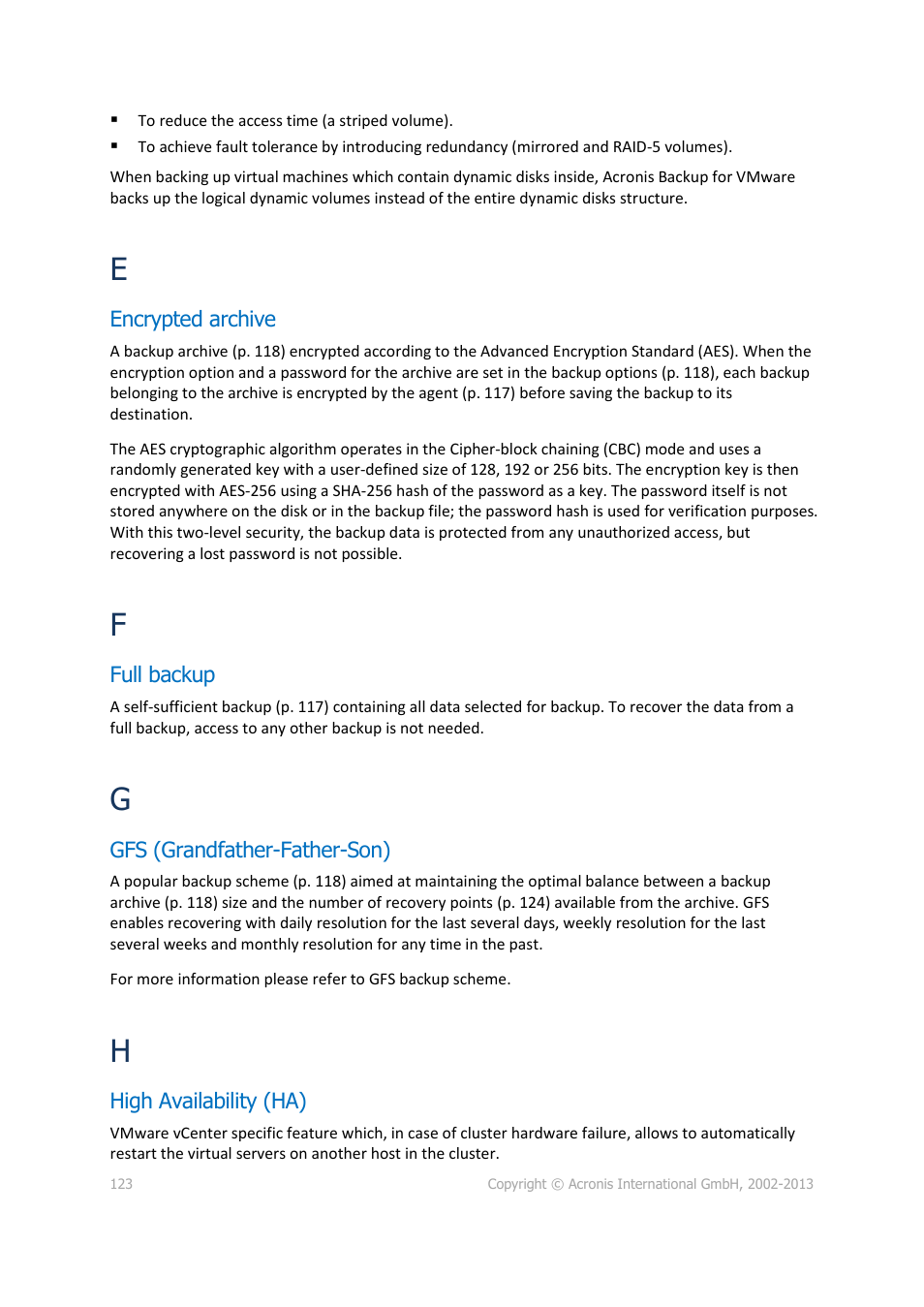 Encrypted archive, Full backup, Gfs (grandfather-father-son) | High availability (ha) | Acronis Backup for VMware 9 - User Guide User Manual | Page 123 / 127