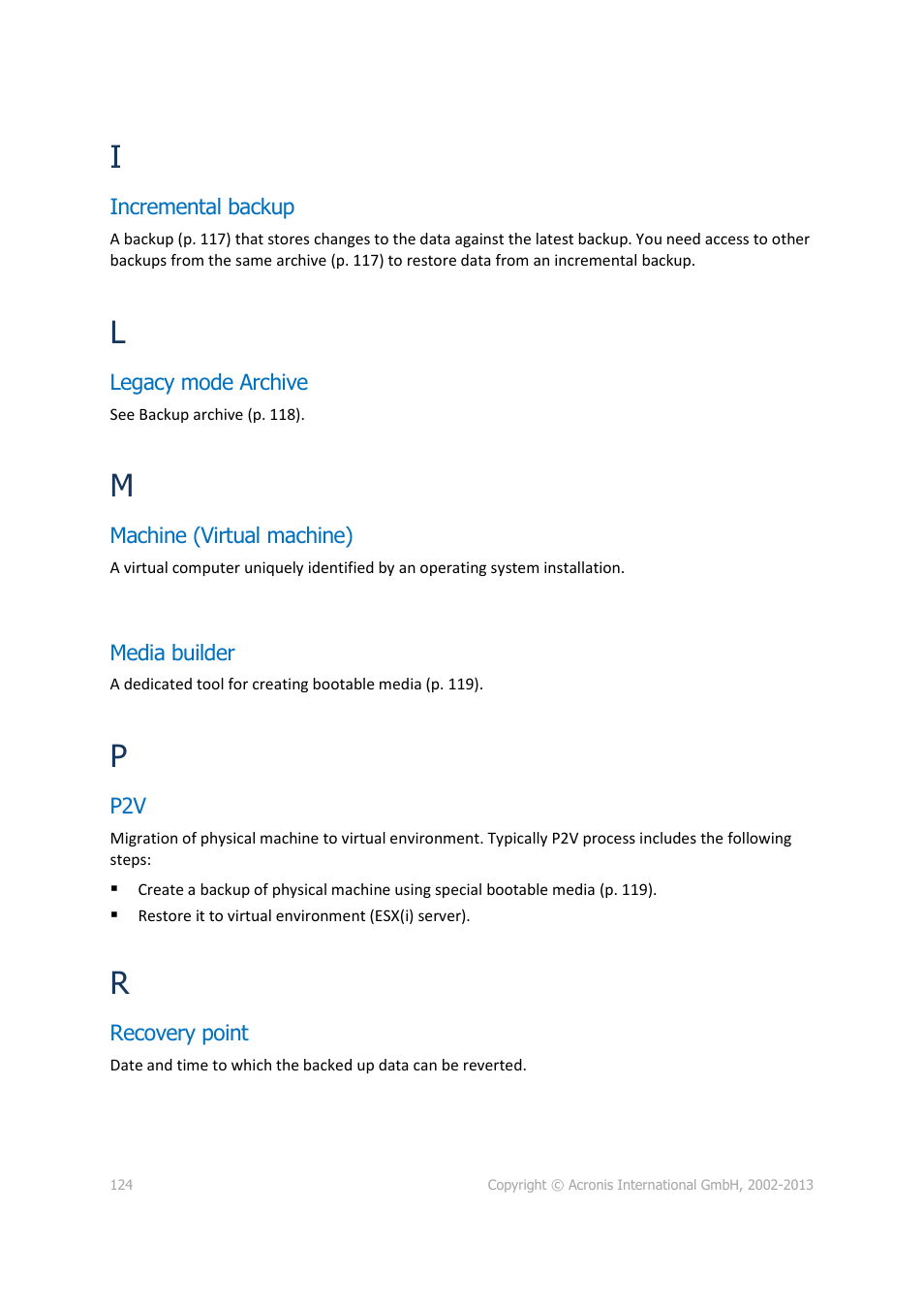 Incremental backup, Legacy mode archive, Machine (virtual machine) | Media builder, Recovery point, P. 124) | Acronis Backup for VMware 9 - User Guide User Manual | Page 124 / 127