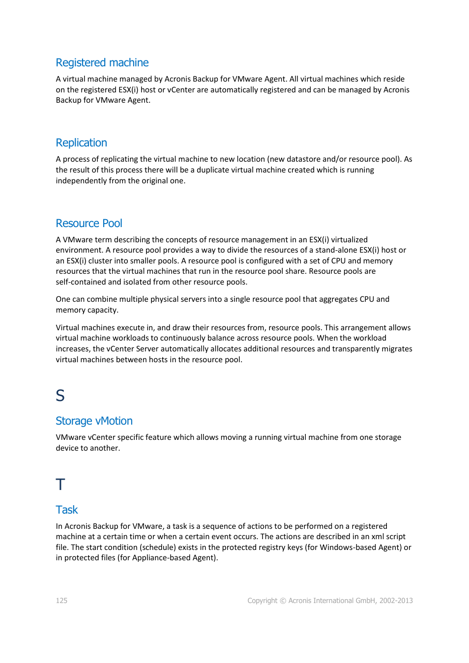 Registered machine, Replication, Resource pool | Storage vmotion, Task | Acronis Backup for VMware 9 - User Guide User Manual | Page 125 / 127