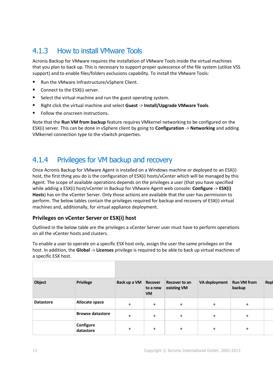 3 how to install vmware tools, 4 privileges for vm backup and recovery, How to install vmware tools | Privileges for vm backup and recovery | Acronis Backup for VMware 9 - User Guide User Manual | Page 13 / 127