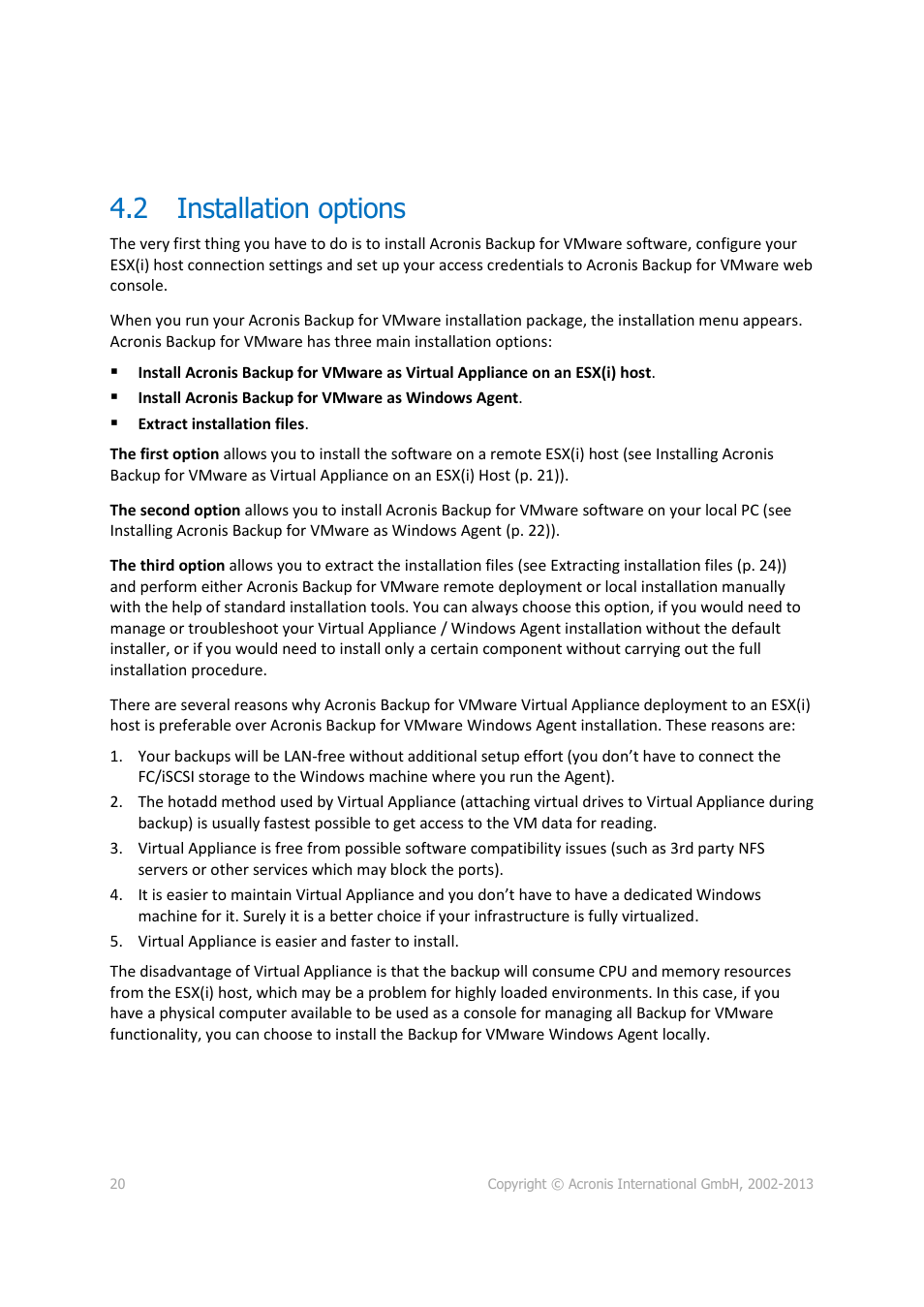 2 installation options, Installation options | Acronis Backup for VMware 9 - User Guide User Manual | Page 20 / 127