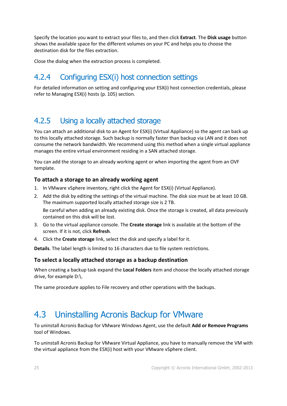 4 configuring esx(i) host connection settings, 5 using a locally attached storage, 3 uninstalling acronis backup for vmware | Configuring esx(i) host connection settings, Using a locally attached storage, Uninstalling acronis backup for vmware | Acronis Backup for VMware 9 - User Guide User Manual | Page 25 / 127