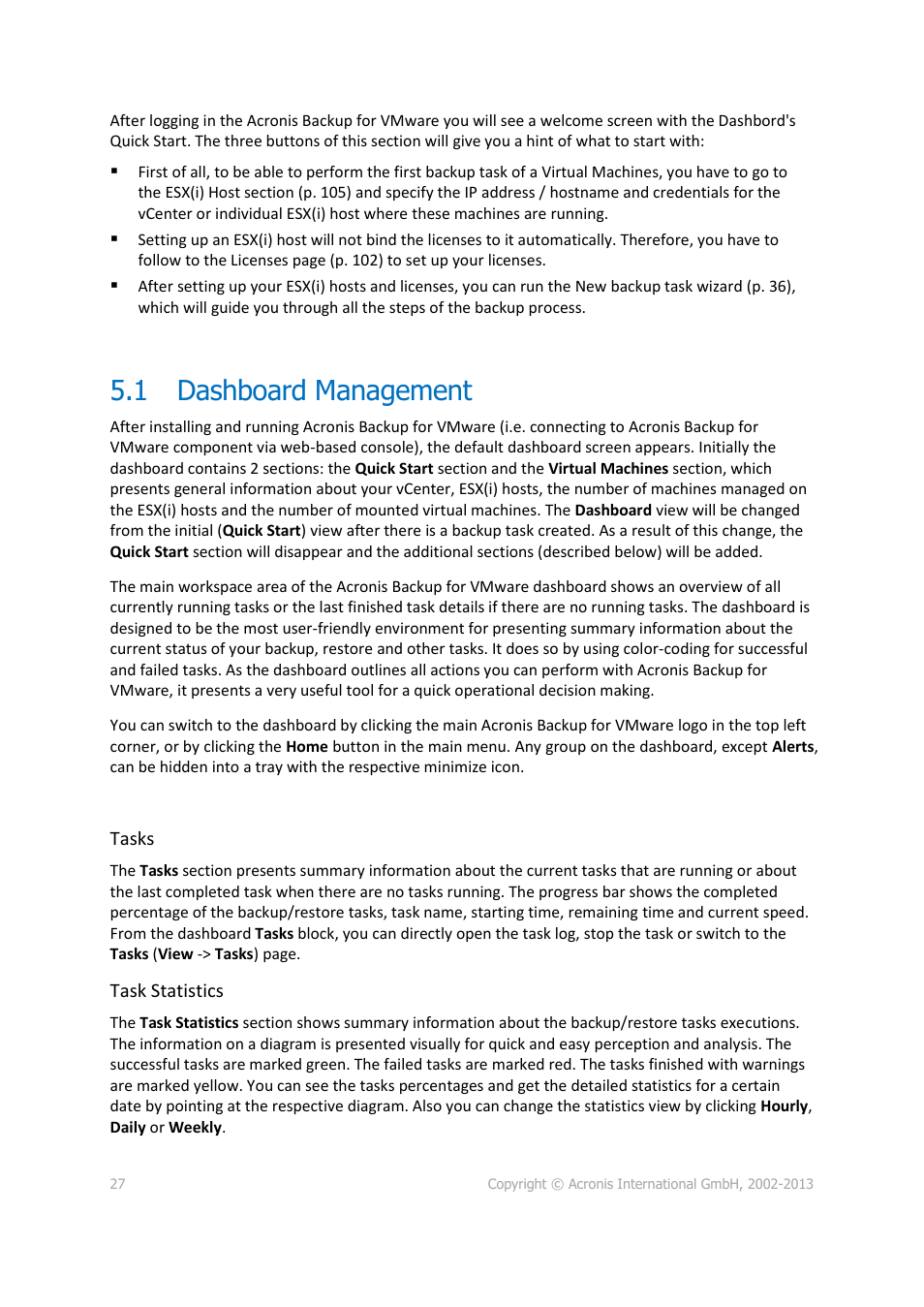 1 dashboard management, Dashboard management | Acronis Backup for VMware 9 - User Guide User Manual | Page 27 / 127