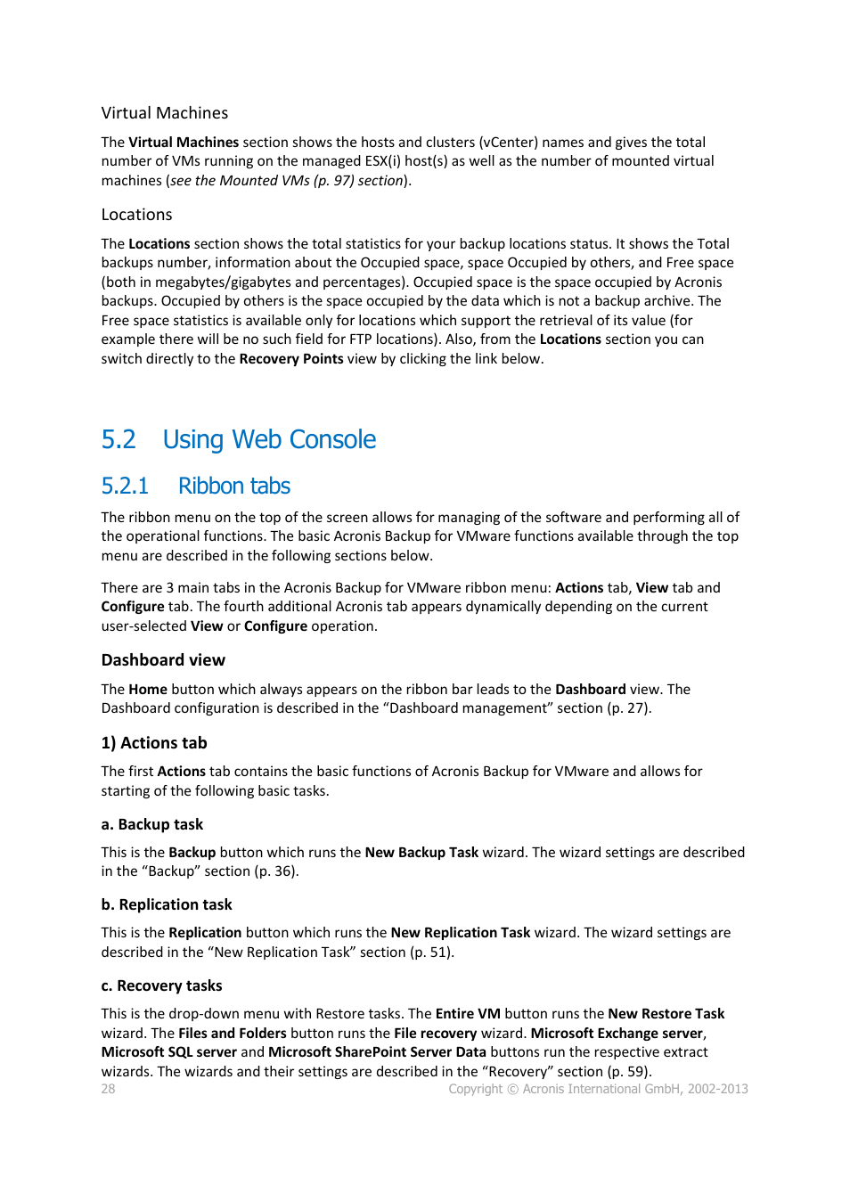 2 using web console, 1 ribbon tabs, Using web console | Ribbon tabs | Acronis Backup for VMware 9 - User Guide User Manual | Page 28 / 127