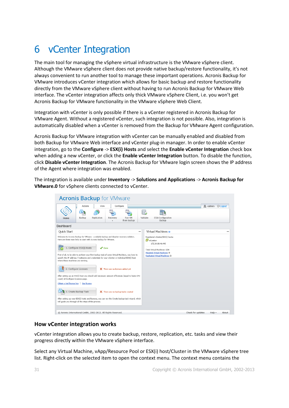6 vcenter integration, Vcenter integration | Acronis Backup for VMware 9 - User Guide User Manual | Page 31 / 127