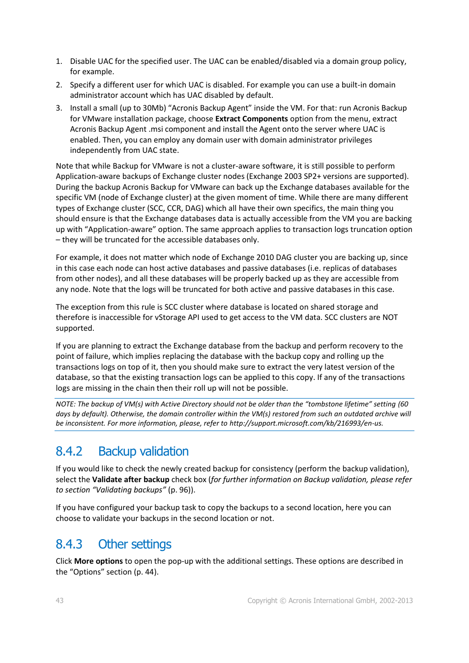 2 backup validation, 3 other settings, Backup validation | Other settings | Acronis Backup for VMware 9 - User Guide User Manual | Page 43 / 127