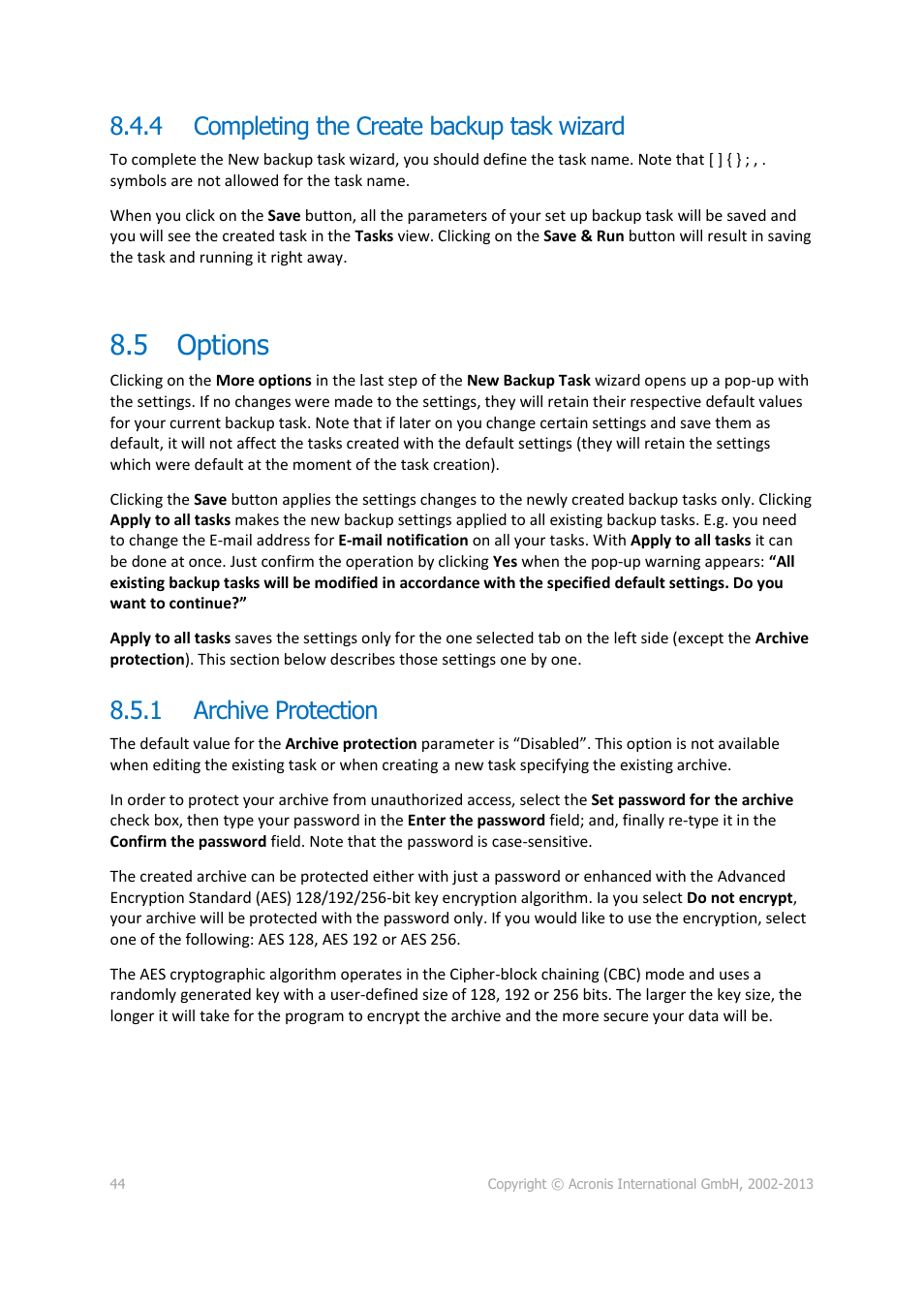 4 completing the create backup task wizard, 5 options, 1 archive protection | Completing the create backup task wizard, Options, Archive protection | Acronis Backup for VMware 9 - User Guide User Manual | Page 44 / 127