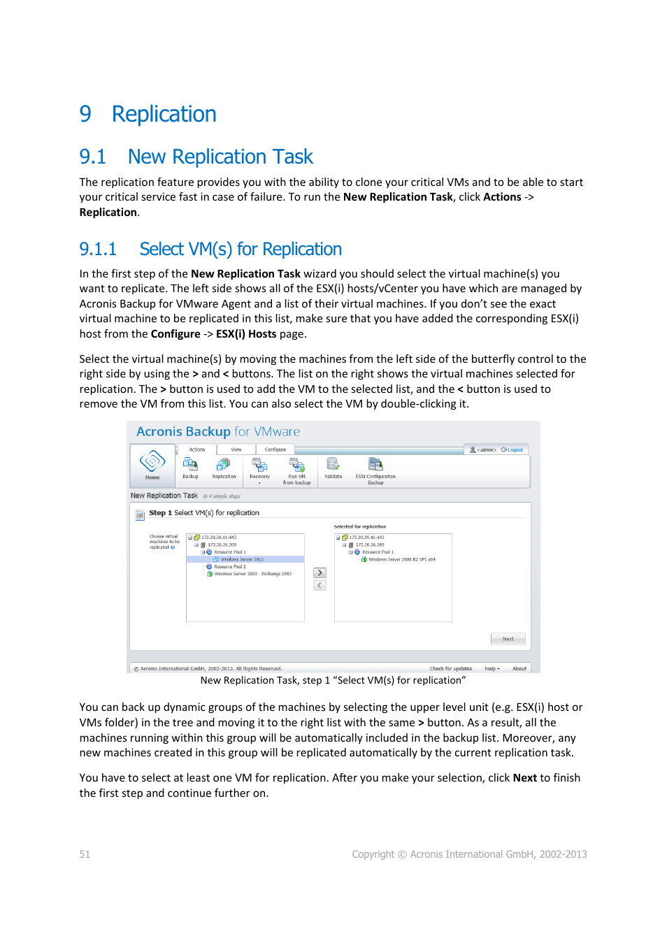 9 replication, 1 new replication task, 1 select vm(s) for replication | Replication, New replication task, Select vm(s) for replication, P. 51) | Acronis Backup for VMware 9 - User Guide User Manual | Page 51 / 127