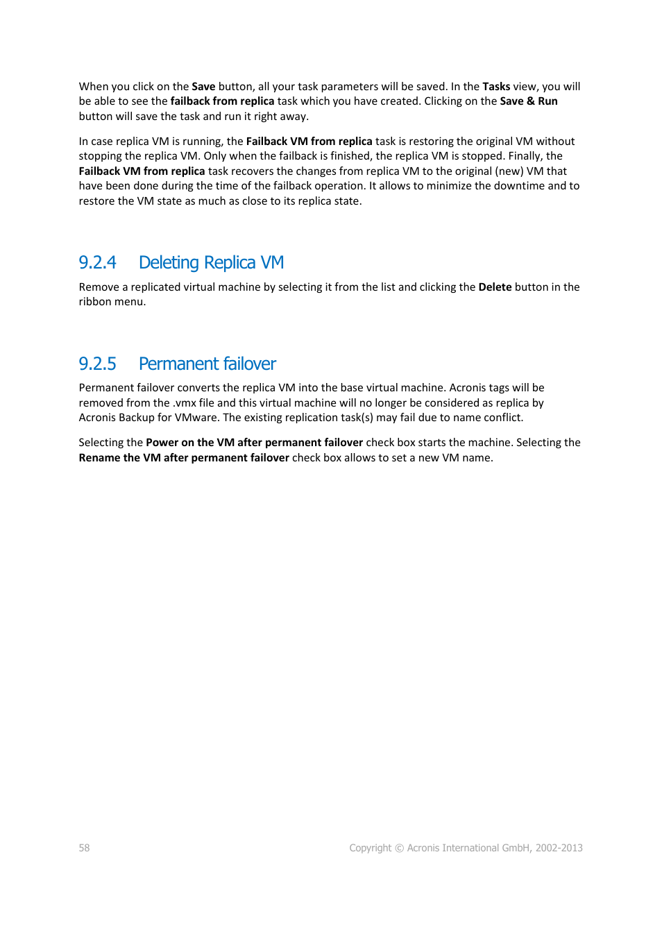 4 deleting replica vm, 5 permanent failover, Deleting replica vm | Permanent failover | Acronis Backup for VMware 9 - User Guide User Manual | Page 58 / 127