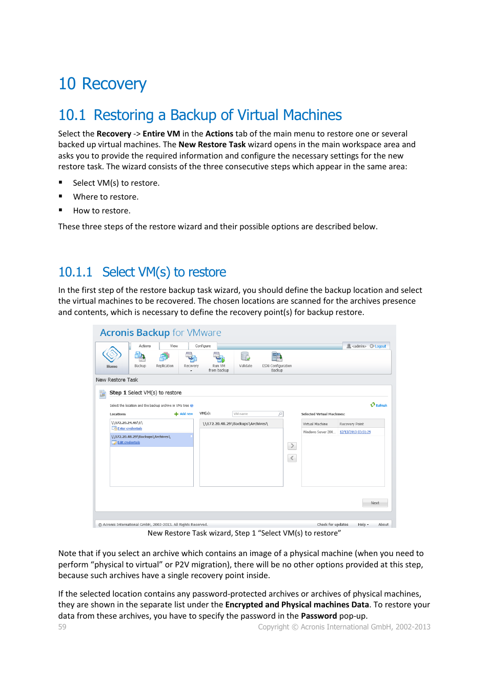 10 recovery, 1 restoring a backup of virtual machines, 1 select vm(s) to restore | Recovery, Restoring a backup of virtual machines | Acronis Backup for VMware 9 - User Guide User Manual | Page 59 / 127