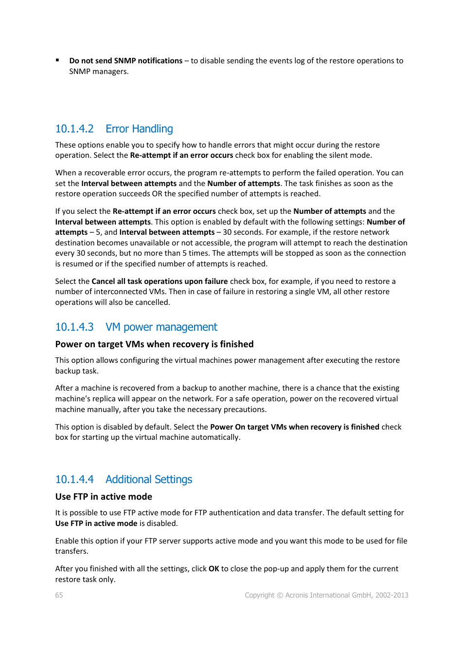 2 error handling, 3 vm power management, 4 additional settings | Acronis Backup for VMware 9 - User Guide User Manual | Page 65 / 127