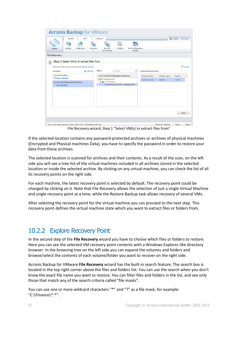 2 explore recovery point | Acronis Backup for VMware 9 - User Guide User Manual | Page 67 / 127