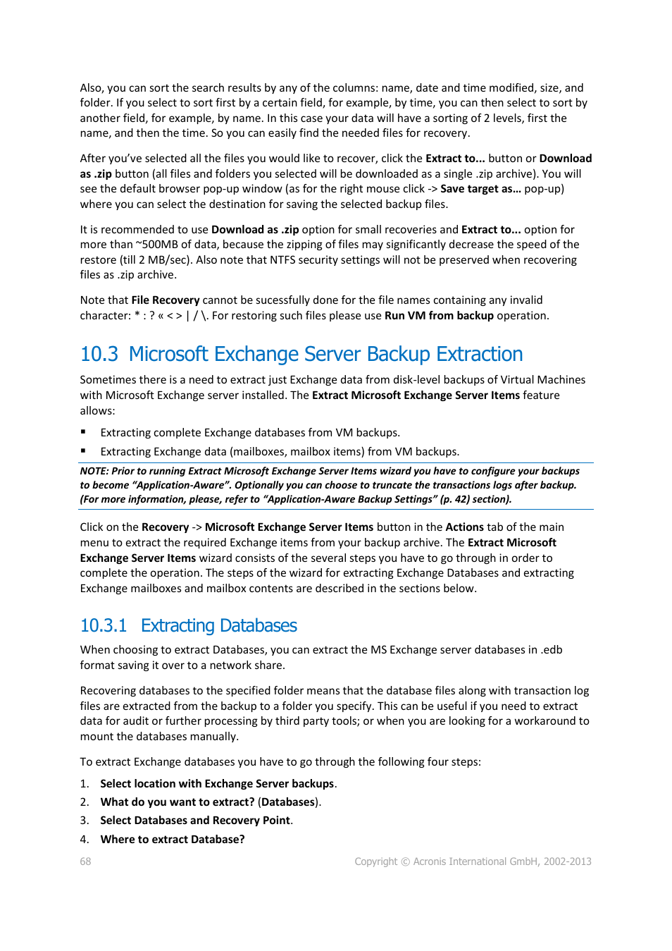 3 microsoft exchange server backup extraction, 1 extracting databases, Microsoft exchange server backup extraction | Acronis Backup for VMware 9 - User Guide User Manual | Page 68 / 127