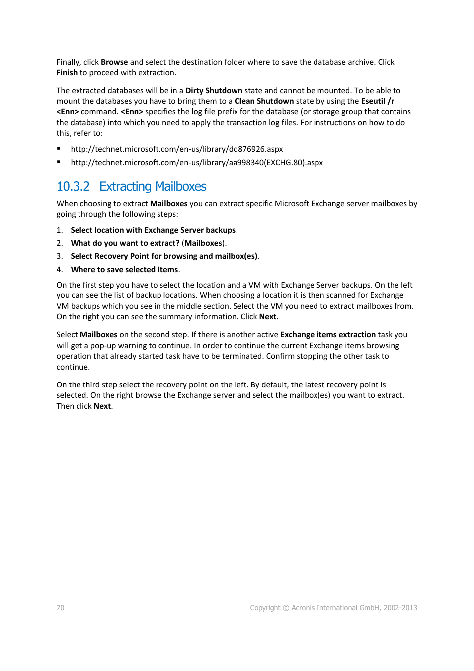 2 extracting mailboxes | Acronis Backup for VMware 9 - User Guide User Manual | Page 70 / 127