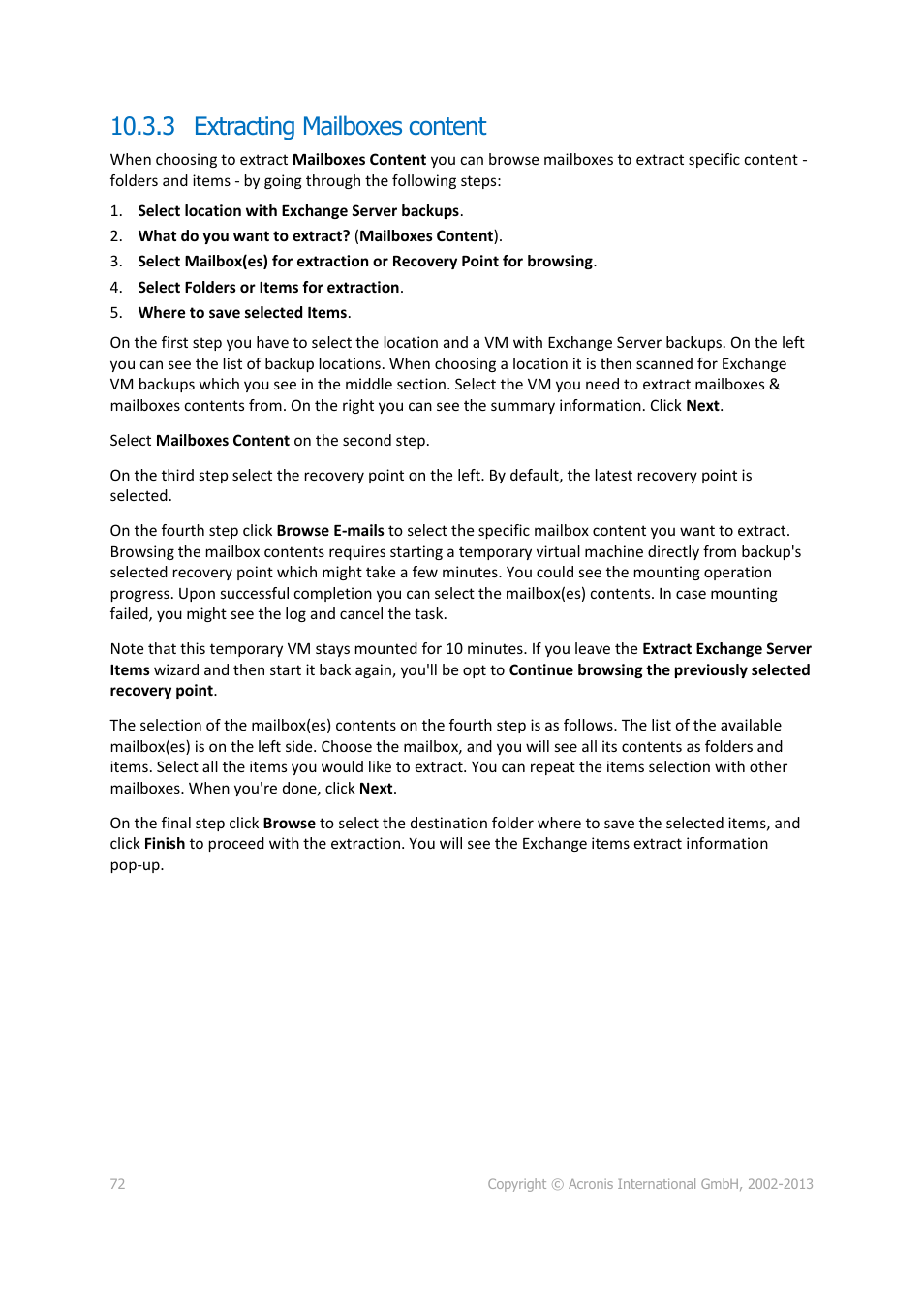 3 extracting mailboxes content | Acronis Backup for VMware 9 - User Guide User Manual | Page 72 / 127