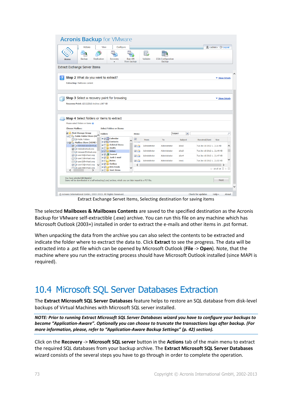 4 microsoft sql server databases extraction, Microsoft sql server databases extraction | Acronis Backup for VMware 9 - User Guide User Manual | Page 73 / 127
