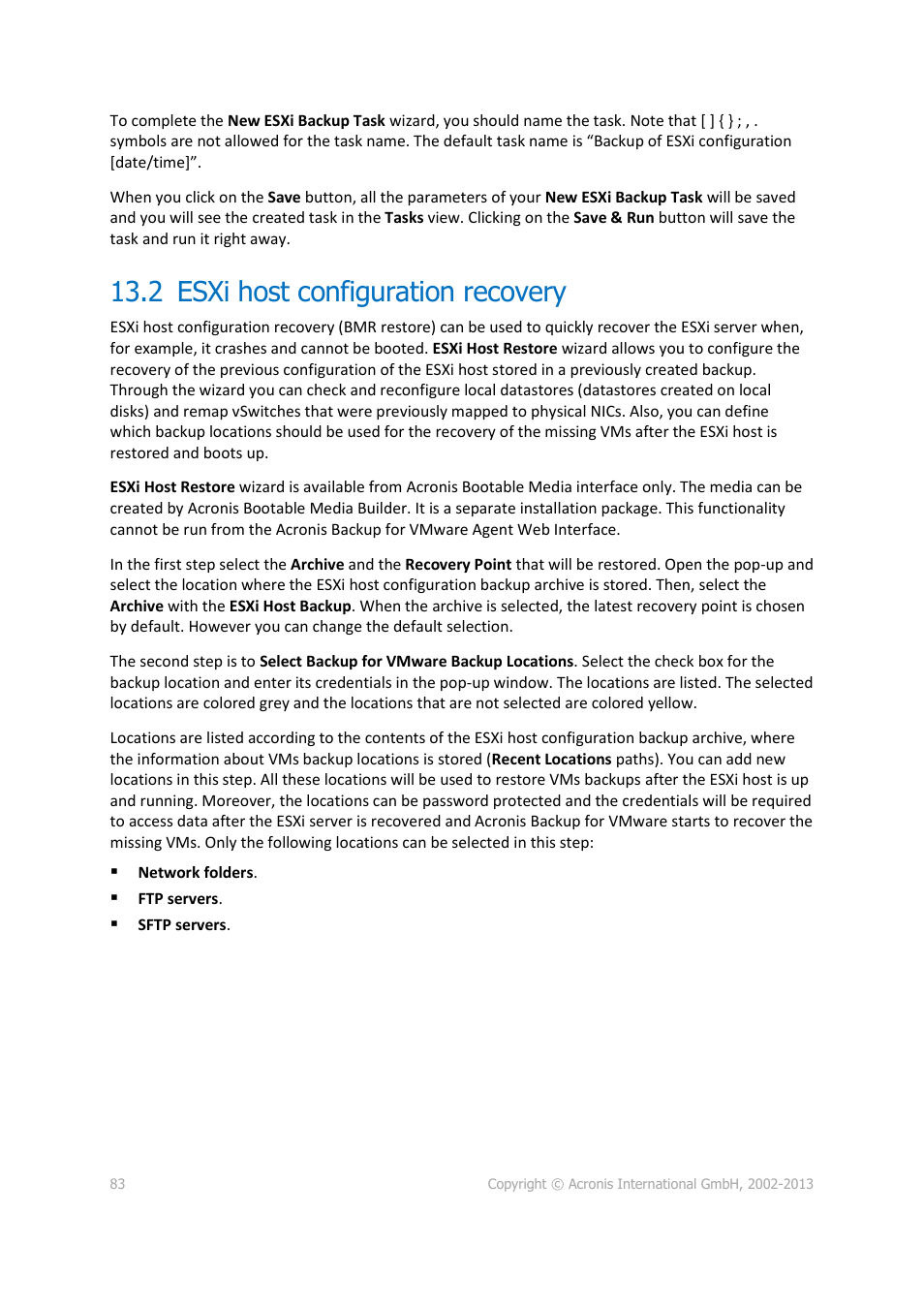 2 esxi host configuration recovery, Esxi host configuration recovery | Acronis Backup for VMware 9 - User Guide User Manual | Page 83 / 127