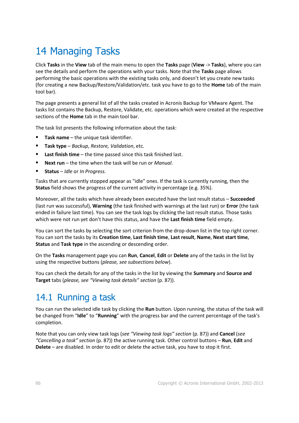 14 managing tasks, 1 running a task, Managing tasks | Running a task | Acronis Backup for VMware 9 - User Guide User Manual | Page 86 / 127