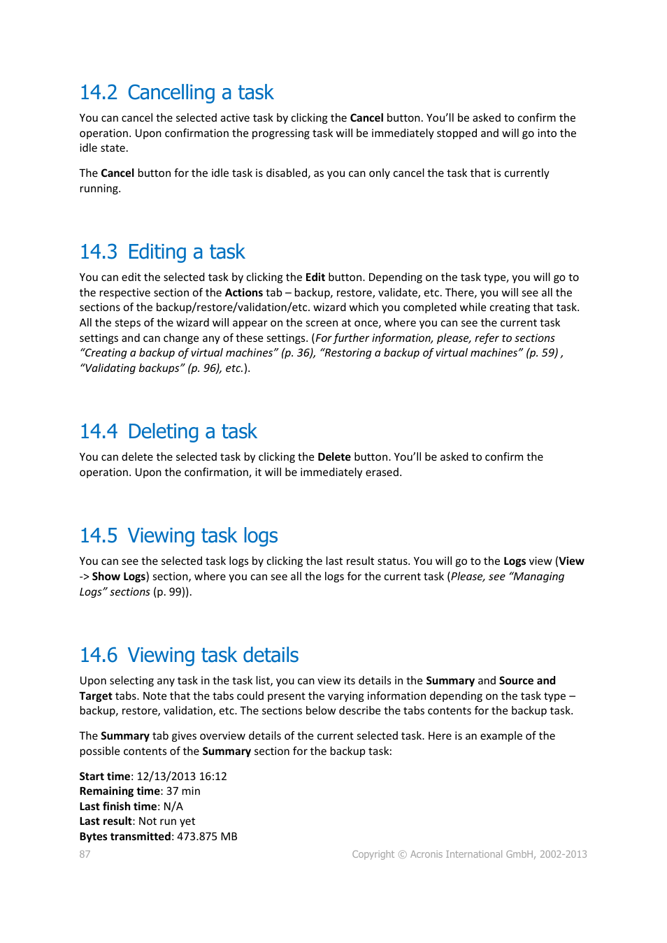 2 cancelling a task, 3 editing a task, 4 deleting a task | 5 viewing task logs, 6 viewing task details, Cancelling a task, Editing a task, Deleting a task, Viewing task logs, Viewing task details | Acronis Backup for VMware 9 - User Guide User Manual | Page 87 / 127
