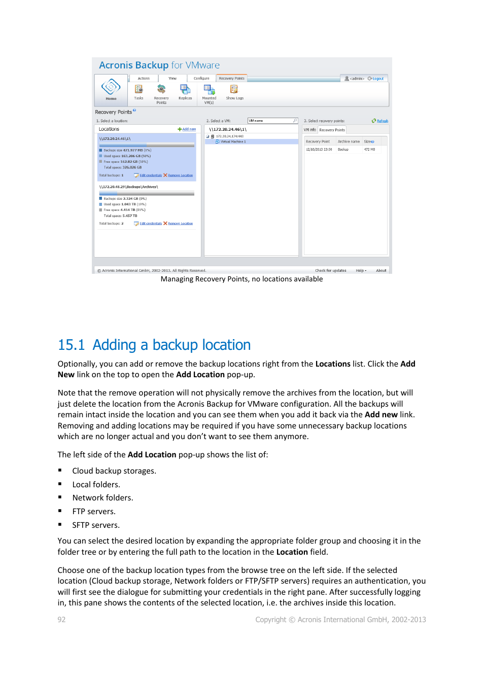 1 adding a backup location, Adding a backup location | Acronis Backup for VMware 9 - User Guide User Manual | Page 92 / 127