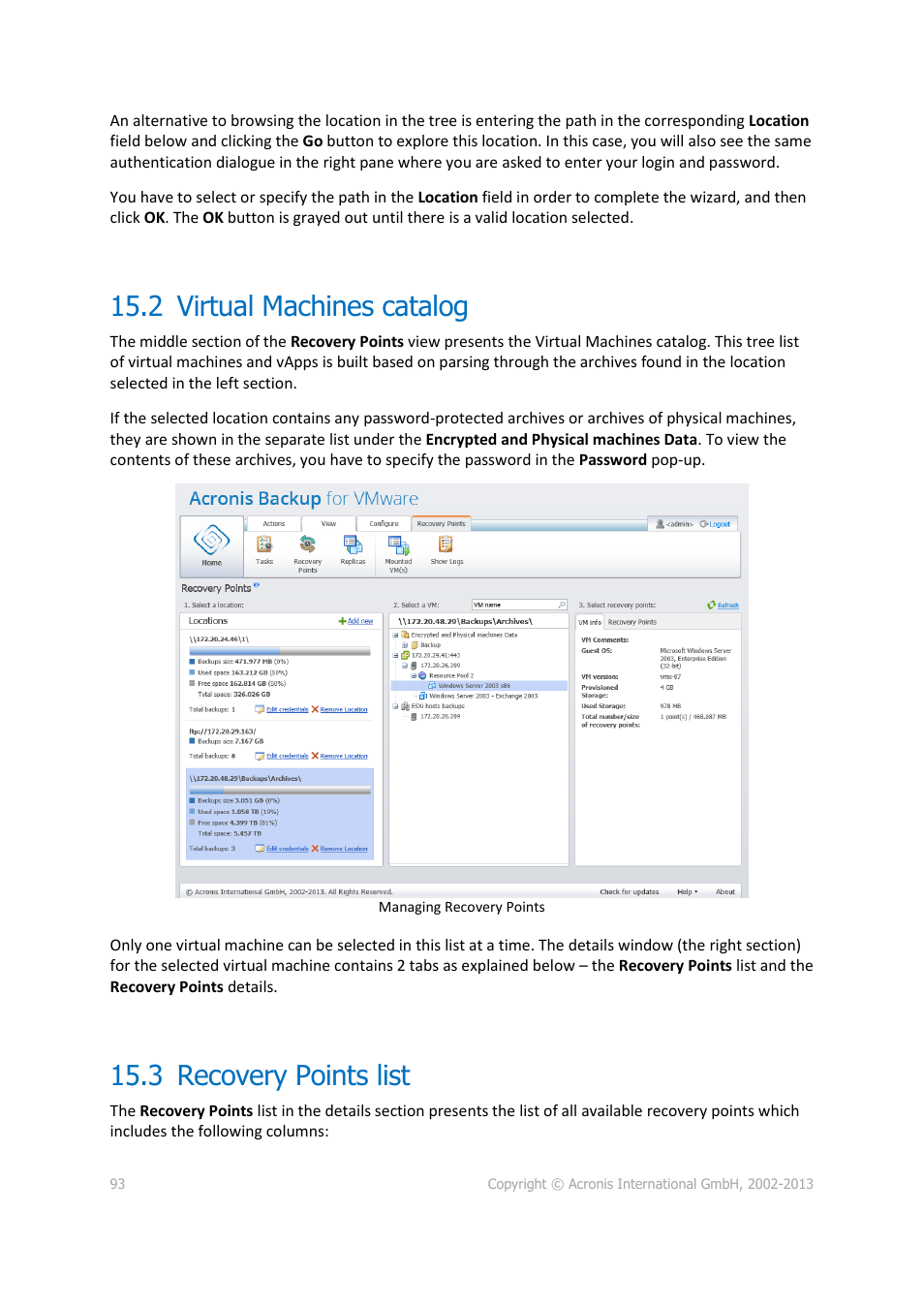 2 virtual machines catalog, 3 recovery points list, Virtual machines catalog | Recovery points list | Acronis Backup for VMware 9 - User Guide User Manual | Page 93 / 127