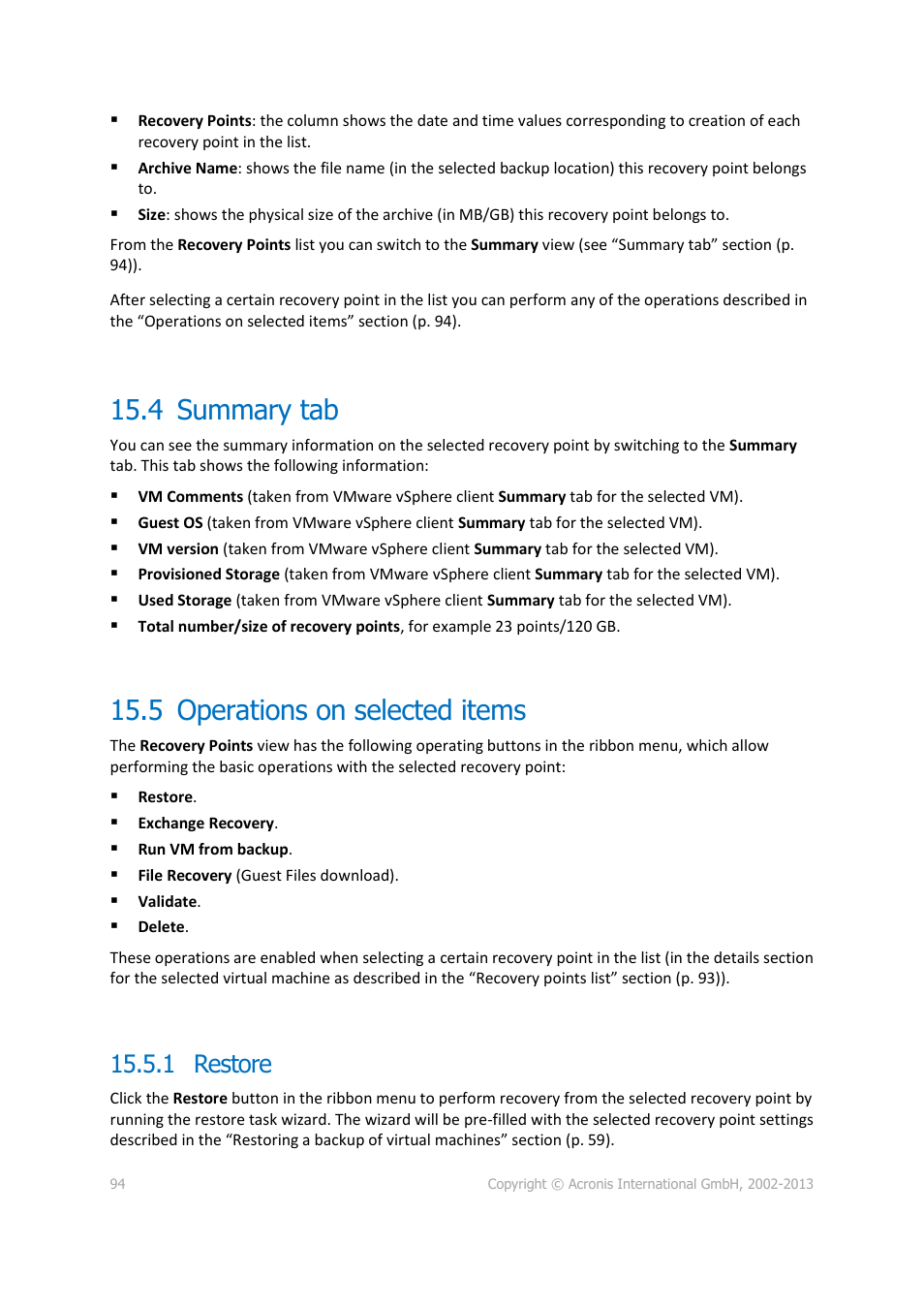 4 summary tab, 5 operations on selected items, 1 restore | Summary tab, Operations on selected items | Acronis Backup for VMware 9 - User Guide User Manual | Page 94 / 127
