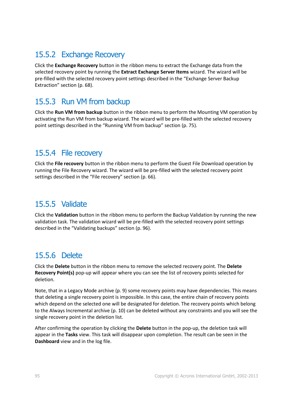 2 exchange recovery, 3 run vm from backup, 4 file recovery | 5 validate, 6 delete | Acronis Backup for VMware 9 - User Guide User Manual | Page 95 / 127