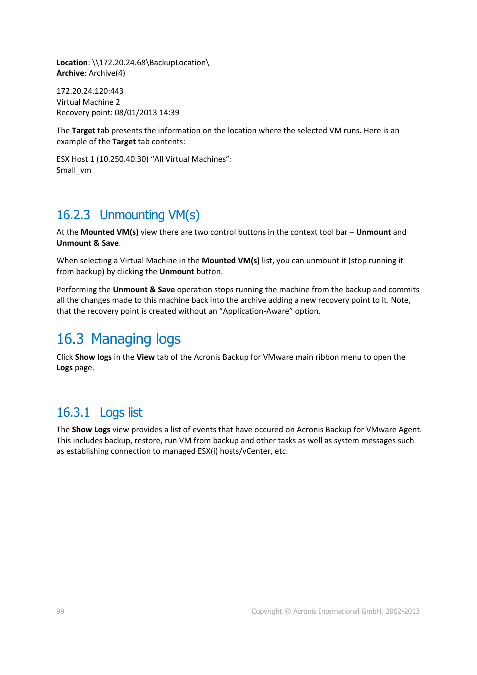 3 unmounting vm(s), 3 managing logs, 1 logs list | Managing logs, P. 99) | Acronis Backup for VMware 9 - User Guide User Manual | Page 99 / 127