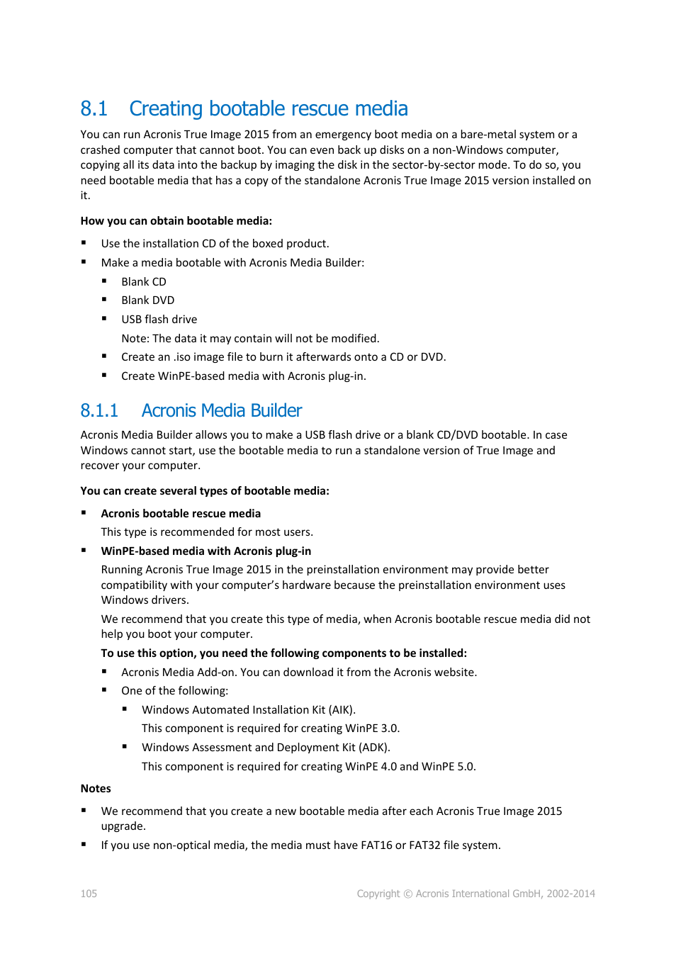 1 creating bootable rescue media, 1 acronis media builder, Creating bootable rescue media | Acronis media builder | Acronis True Image 2015 - User Guide User Manual | Page 105 / 146