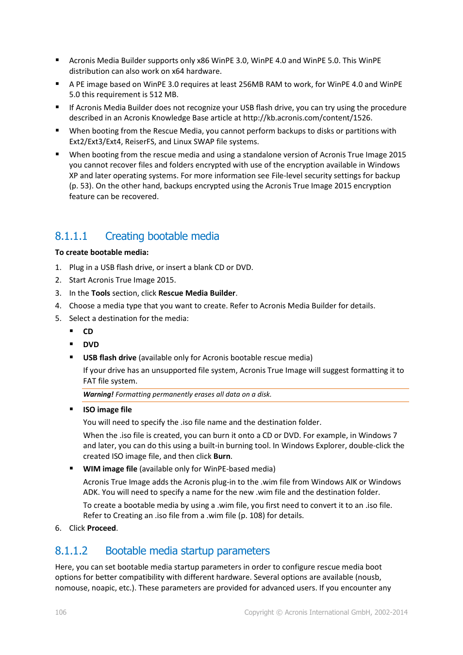 1 creating bootable media, 2 bootable media startup parameters | Acronis True Image 2015 - User Guide User Manual | Page 106 / 146