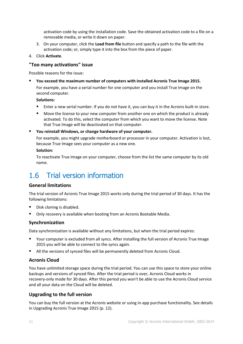 6 trial version information, Trial version information | Acronis True Image 2015 - User Guide User Manual | Page 11 / 146