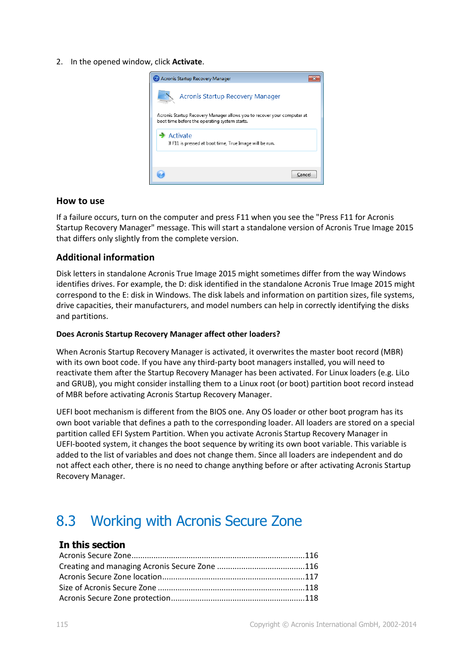 3 working with acronis secure zone, Working with acronis secure zone | Acronis True Image 2015 - User Guide User Manual | Page 115 / 146