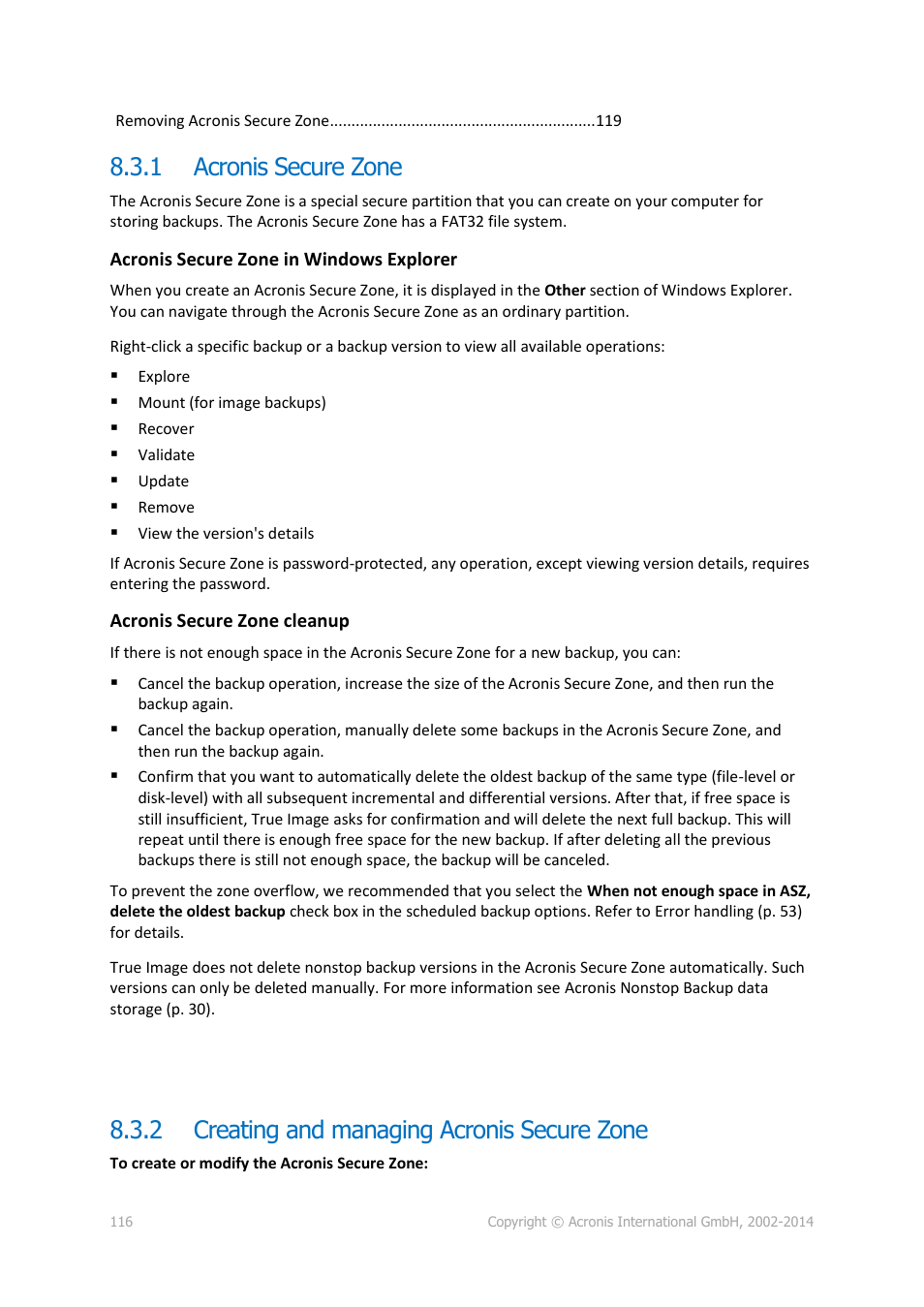 1 acronis secure zone, 2 creating and managing acronis secure zone, Acronis secure zone | Creating and managing acronis secure zone | Acronis True Image 2015 - User Guide User Manual | Page 116 / 146