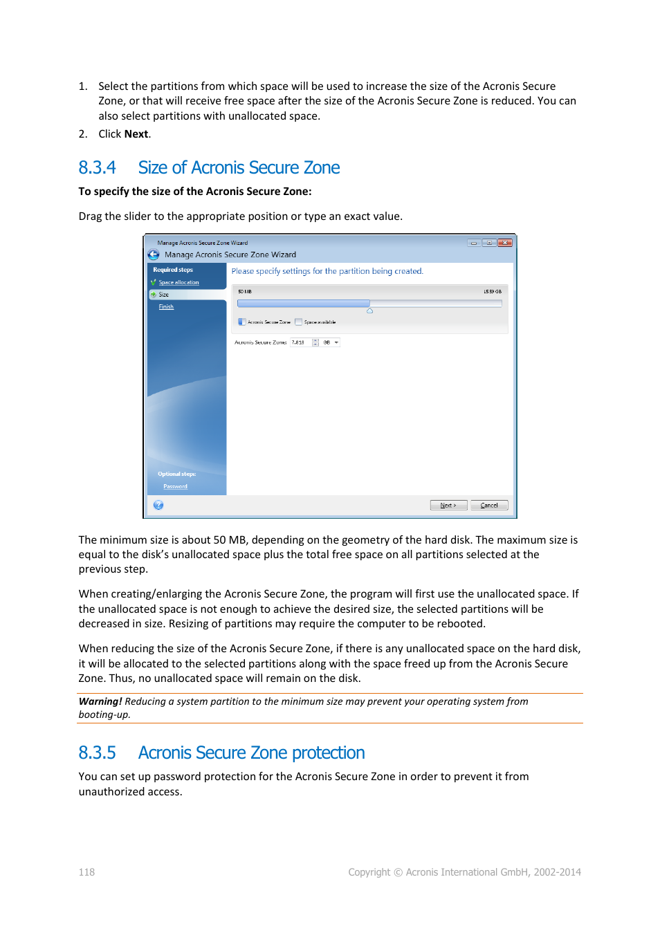 4 size of acronis secure zone, 5 acronis secure zone protection, Size of acronis secure zone | Acronis secure zone protection, P. 118) | Acronis True Image 2015 - User Guide User Manual | Page 118 / 146