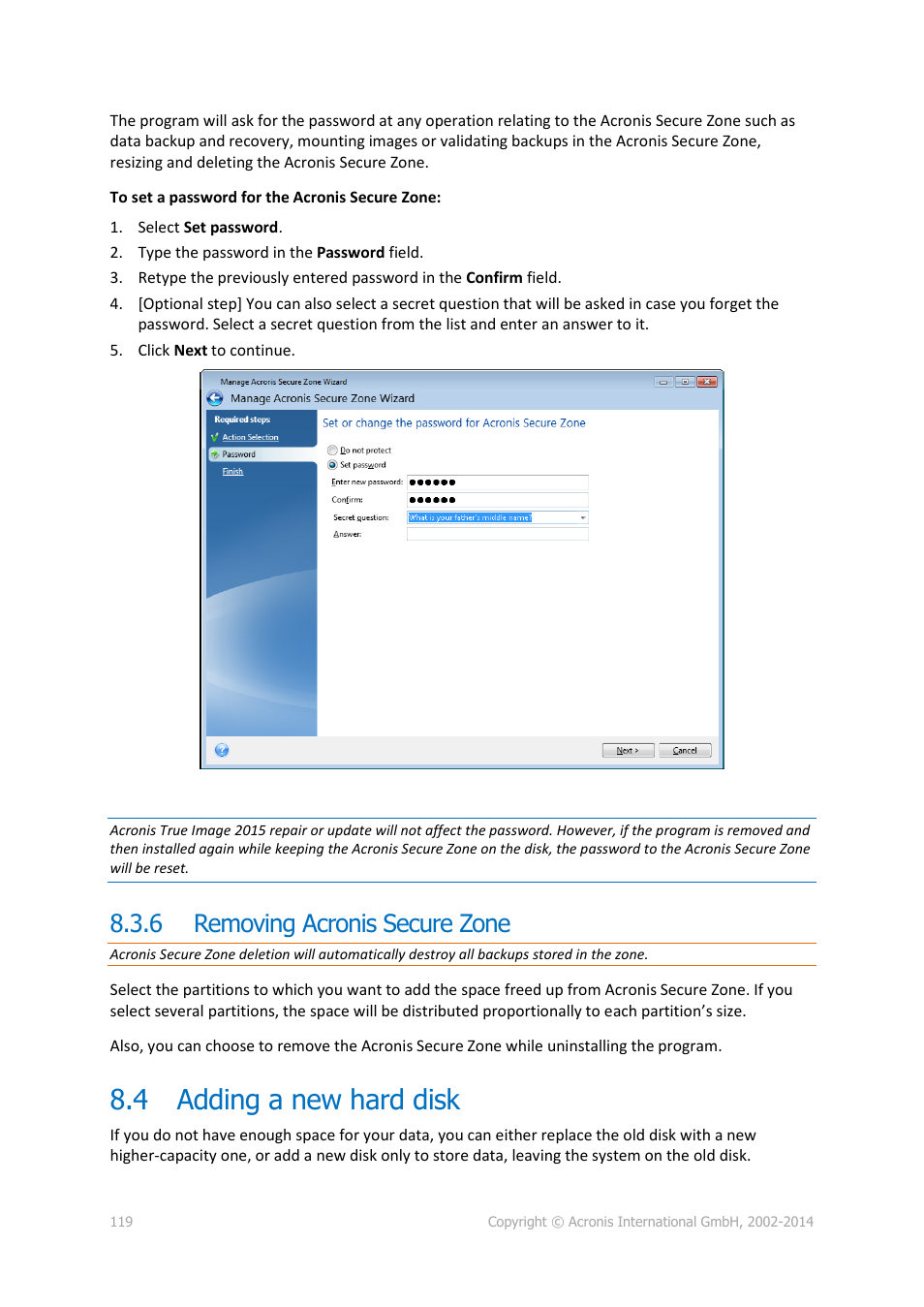 6 removing acronis secure zone, 4 adding a new hard disk, Removing acronis secure zone | Adding a new hard disk, P. 119) | Acronis True Image 2015 - User Guide User Manual | Page 119 / 146