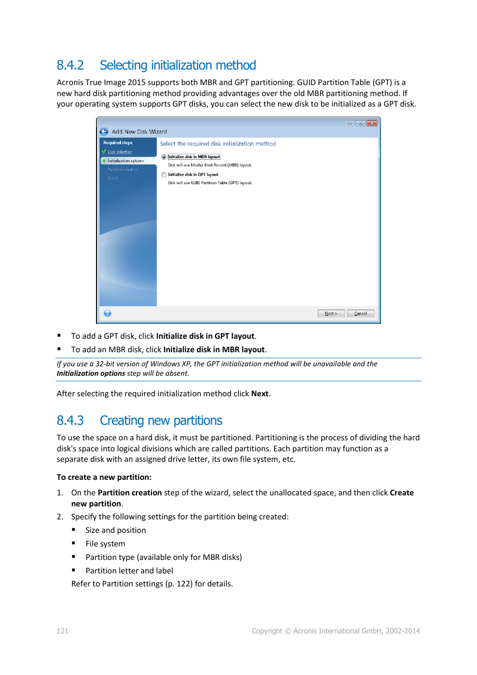2 selecting initialization method, 3 creating new partitions, Selecting initialization method | Creating new partitions | Acronis True Image 2015 - User Guide User Manual | Page 121 / 146