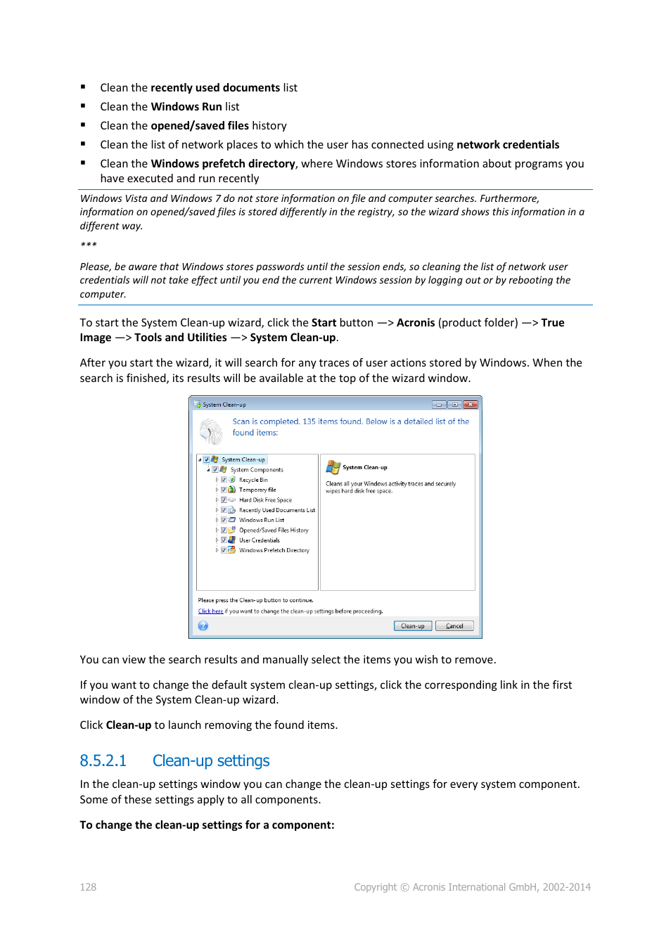 1 clean-up settings | Acronis True Image 2015 - User Guide User Manual | Page 128 / 146