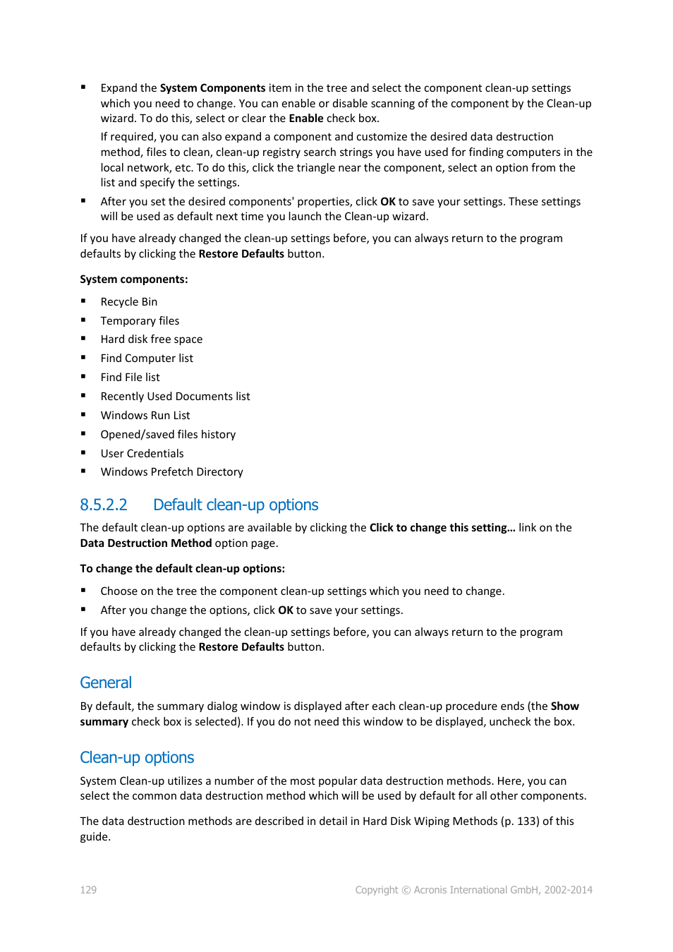 2 default clean-up options, General, Clean-up options | Acronis True Image 2015 - User Guide User Manual | Page 129 / 146