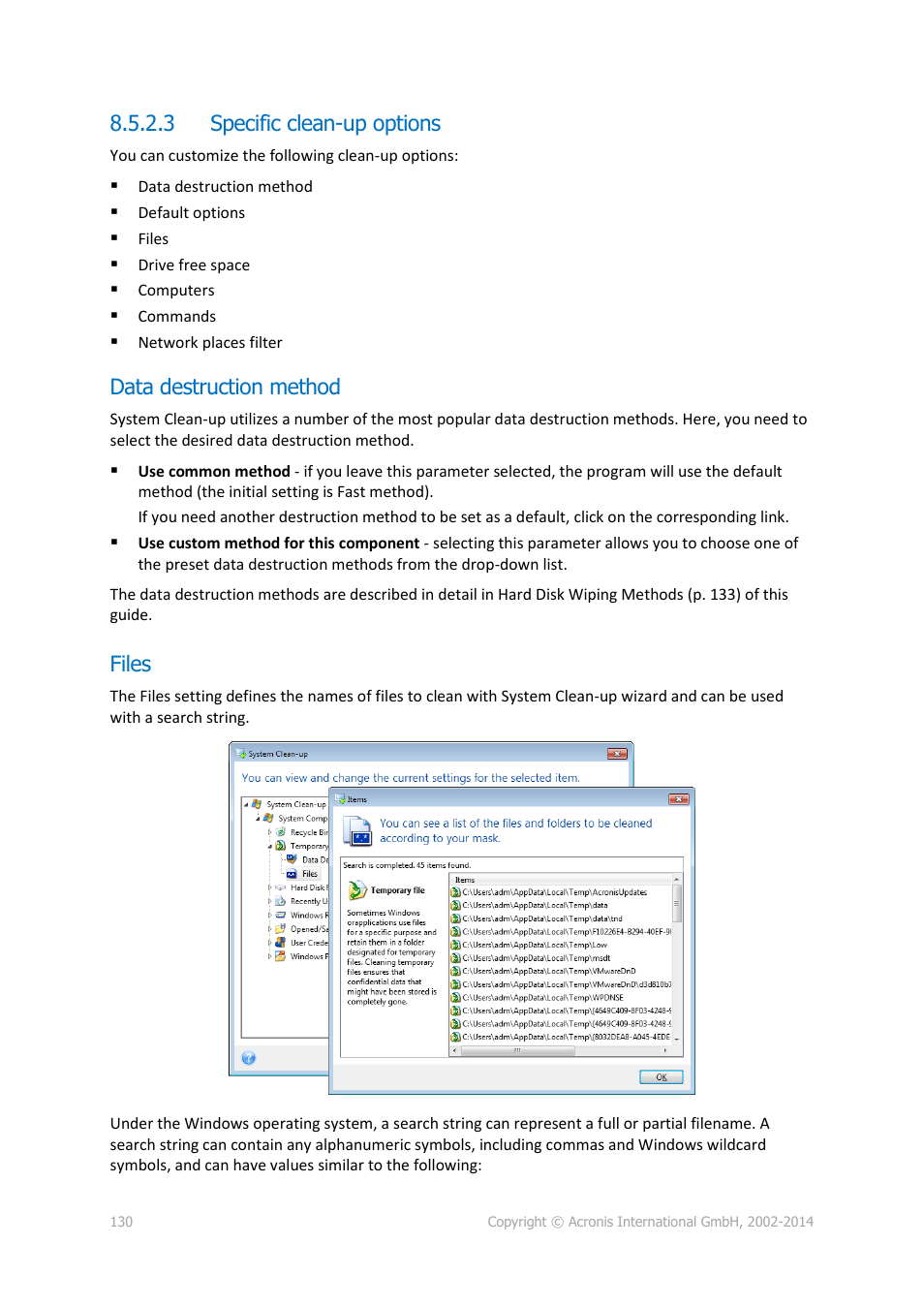 3 specific clean-up options, Data destruction method, Files | Acronis True Image 2015 - User Guide User Manual | Page 130 / 146