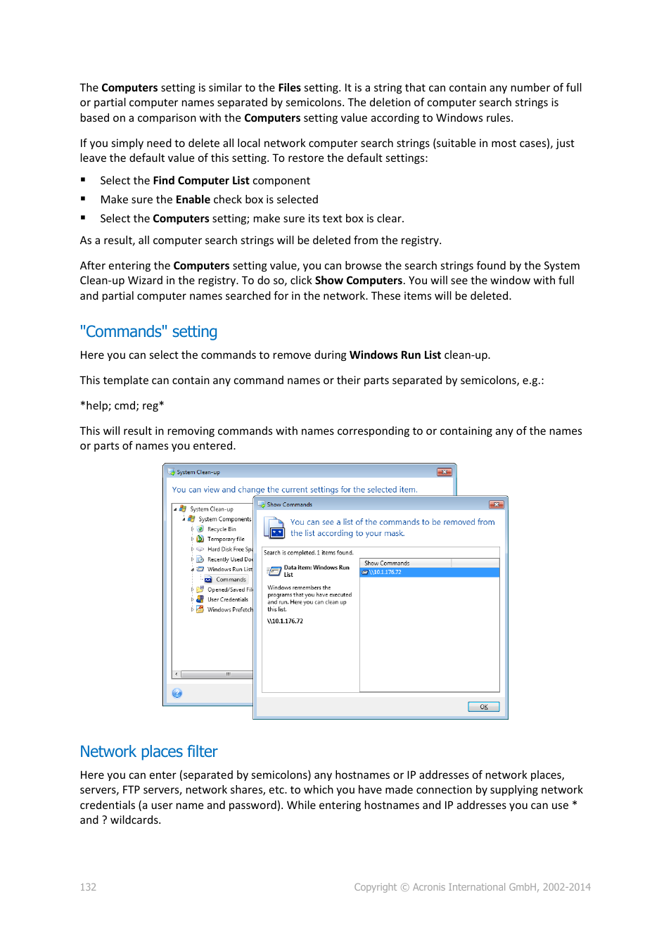 Commands" setting, Network places filter | Acronis True Image 2015 - User Guide User Manual | Page 132 / 146