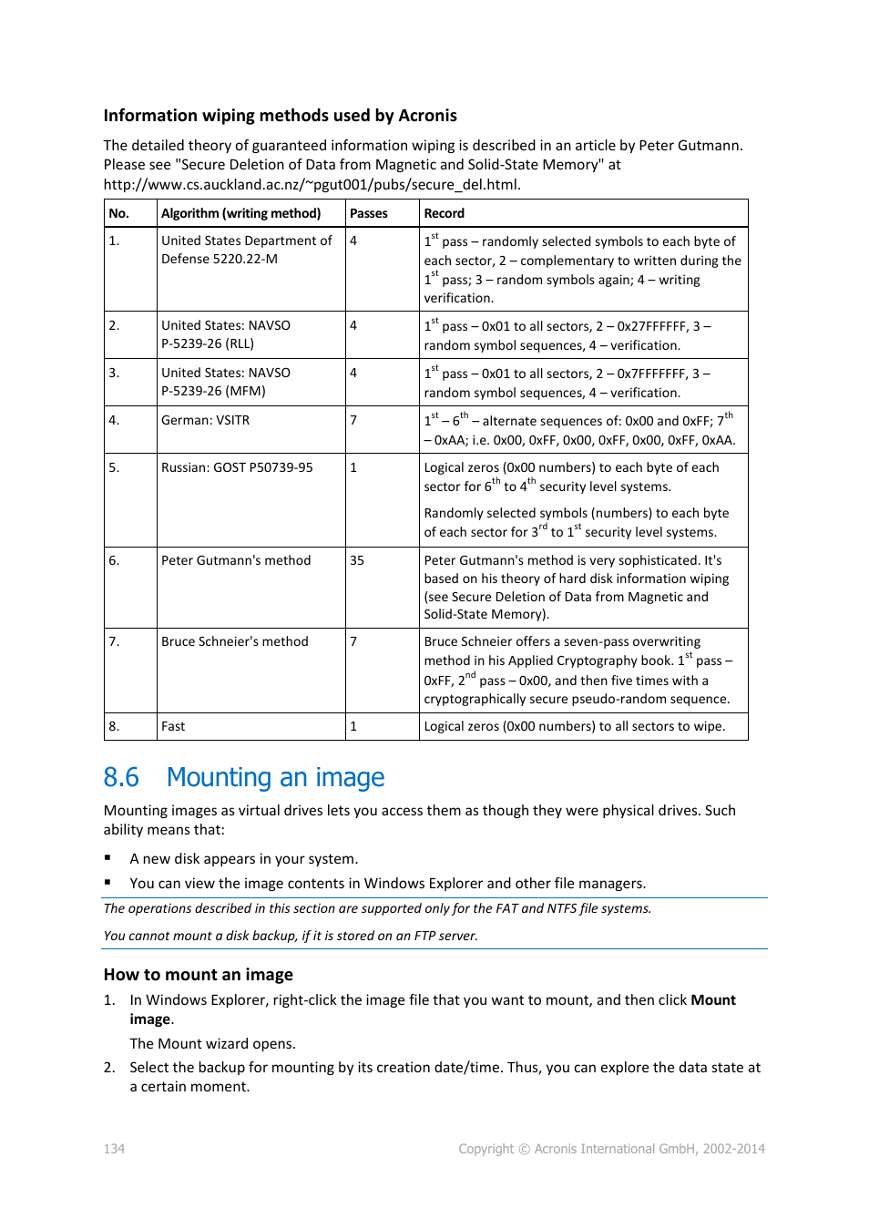 6 mounting an image, Mounting an image, Information wiping methods used by acronis | How to mount an image | Acronis True Image 2015 - User Guide User Manual | Page 134 / 146