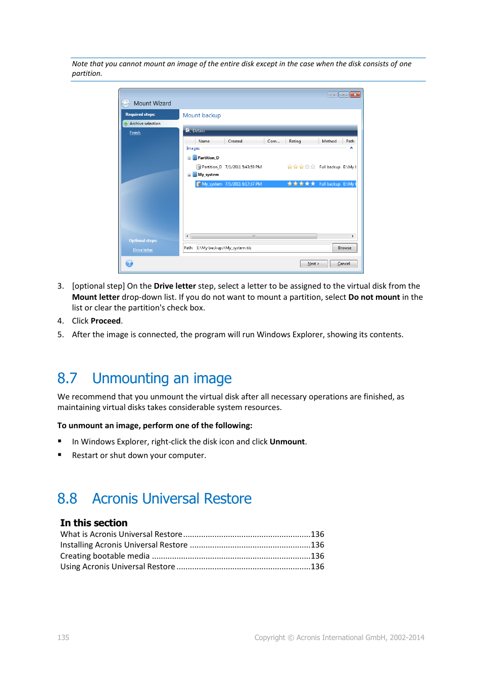 7 unmounting an image, 8 acronis universal restore, Unmounting an image | Acronis universal restore, P. 135) | Acronis True Image 2015 - User Guide User Manual | Page 135 / 146