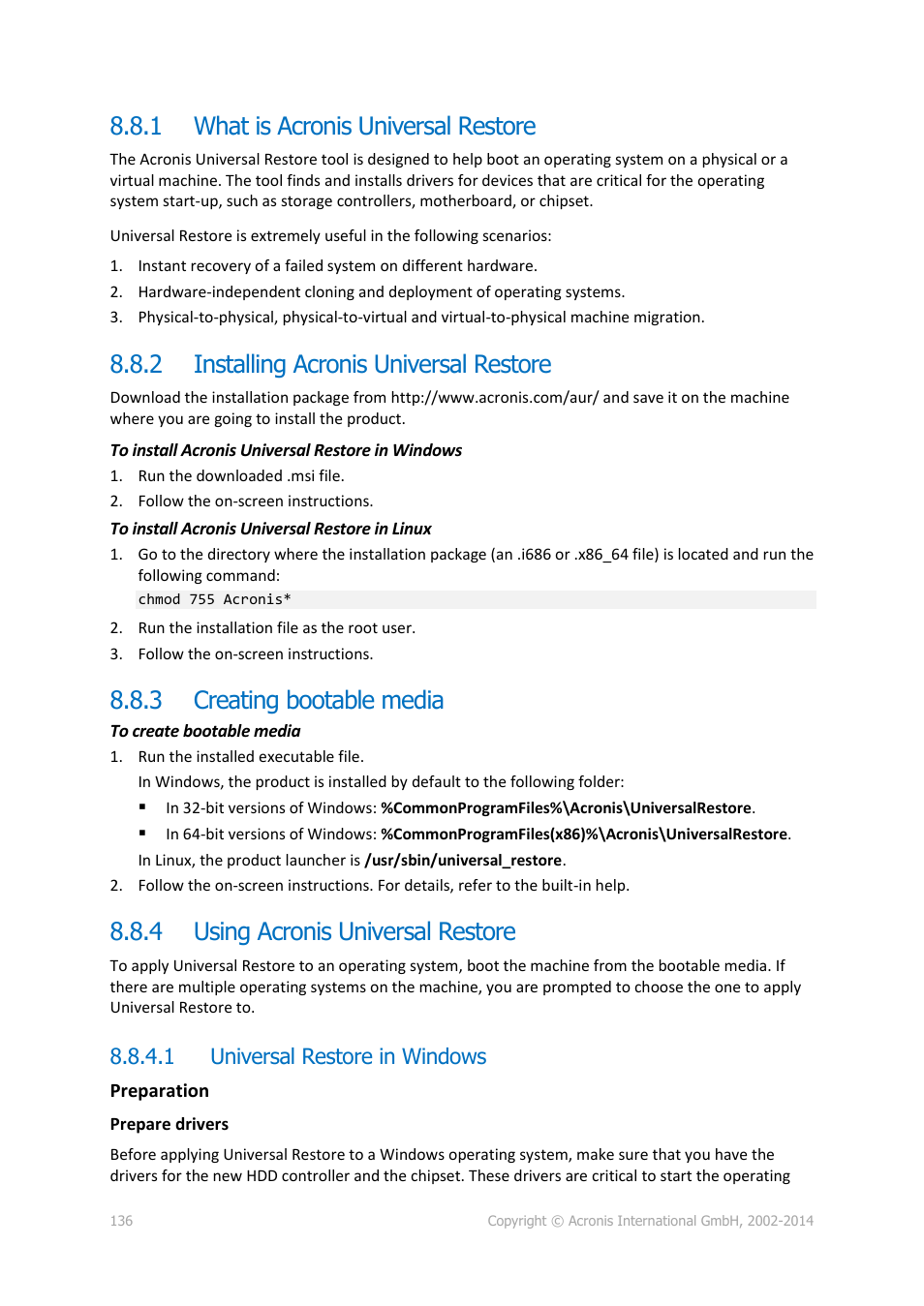 1 what is acronis universal restore, 2 installing acronis universal restore, 3 creating bootable media | 4 using acronis universal restore, 1 universal restore in windows, What is acronis universal restore, Installing acronis universal restore, Creating bootable media, Using acronis universal restore | Acronis True Image 2015 - User Guide User Manual | Page 136 / 146