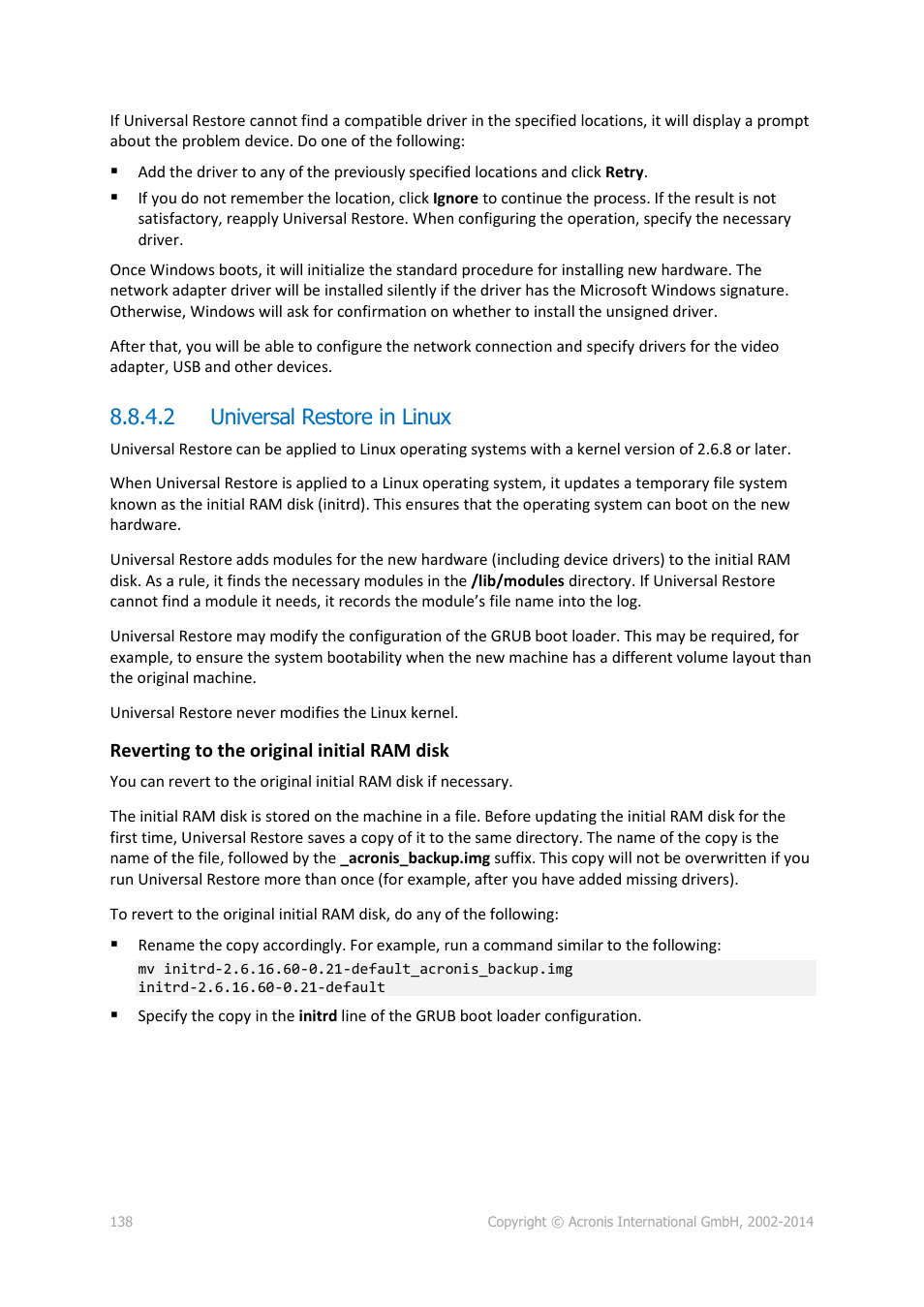 2 universal restore in linux | Acronis True Image 2015 - User Guide User Manual | Page 138 / 146